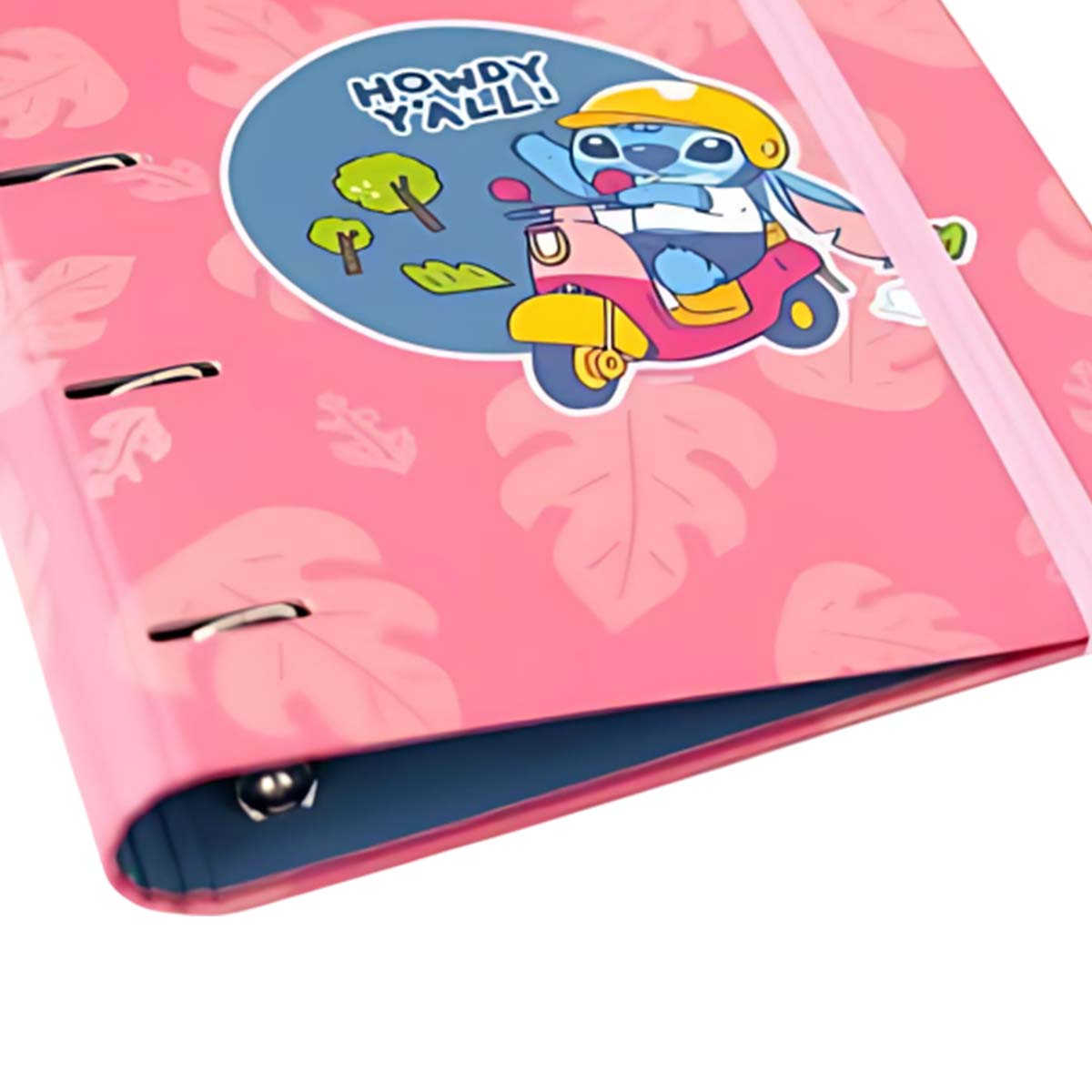 Pinker Ordner mit Stitch auf einem Roller und Blattmuster. "Howdy Y'all!" Text.