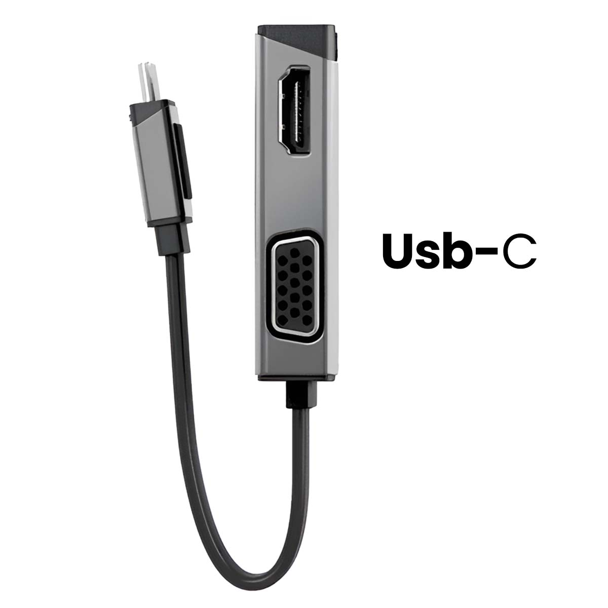 Ein grauer USB-C-Adapter mit HDMI- und VGA-Anschlüssen.