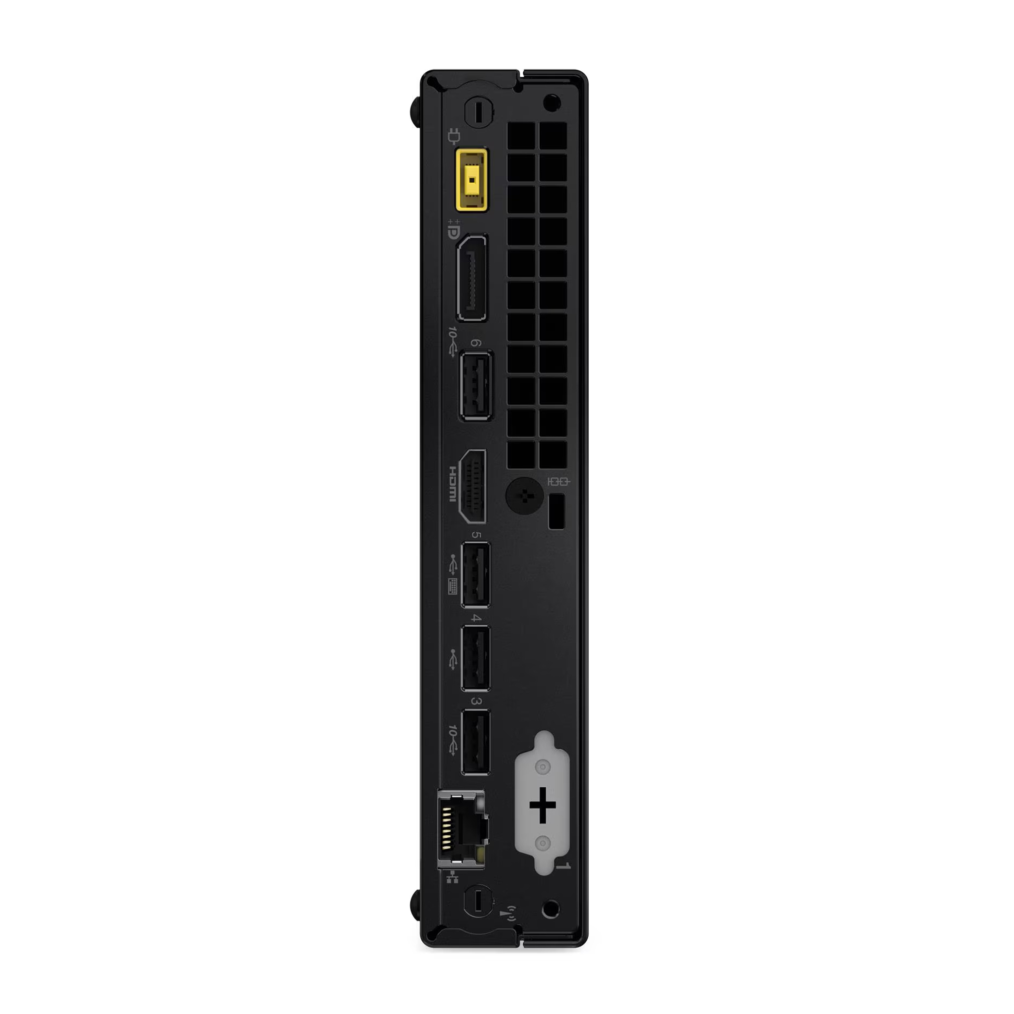Siyah mini PC'nin arkası; USB, HDMI, Ethernet ve güç bağlantı noktaları.