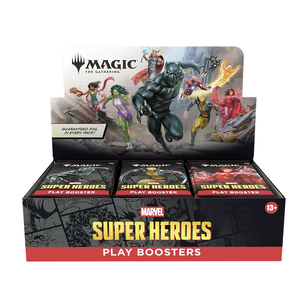 Magic The Gathering Marvel Super Heroes Play Booster Box mit Helden wie Black Panther.