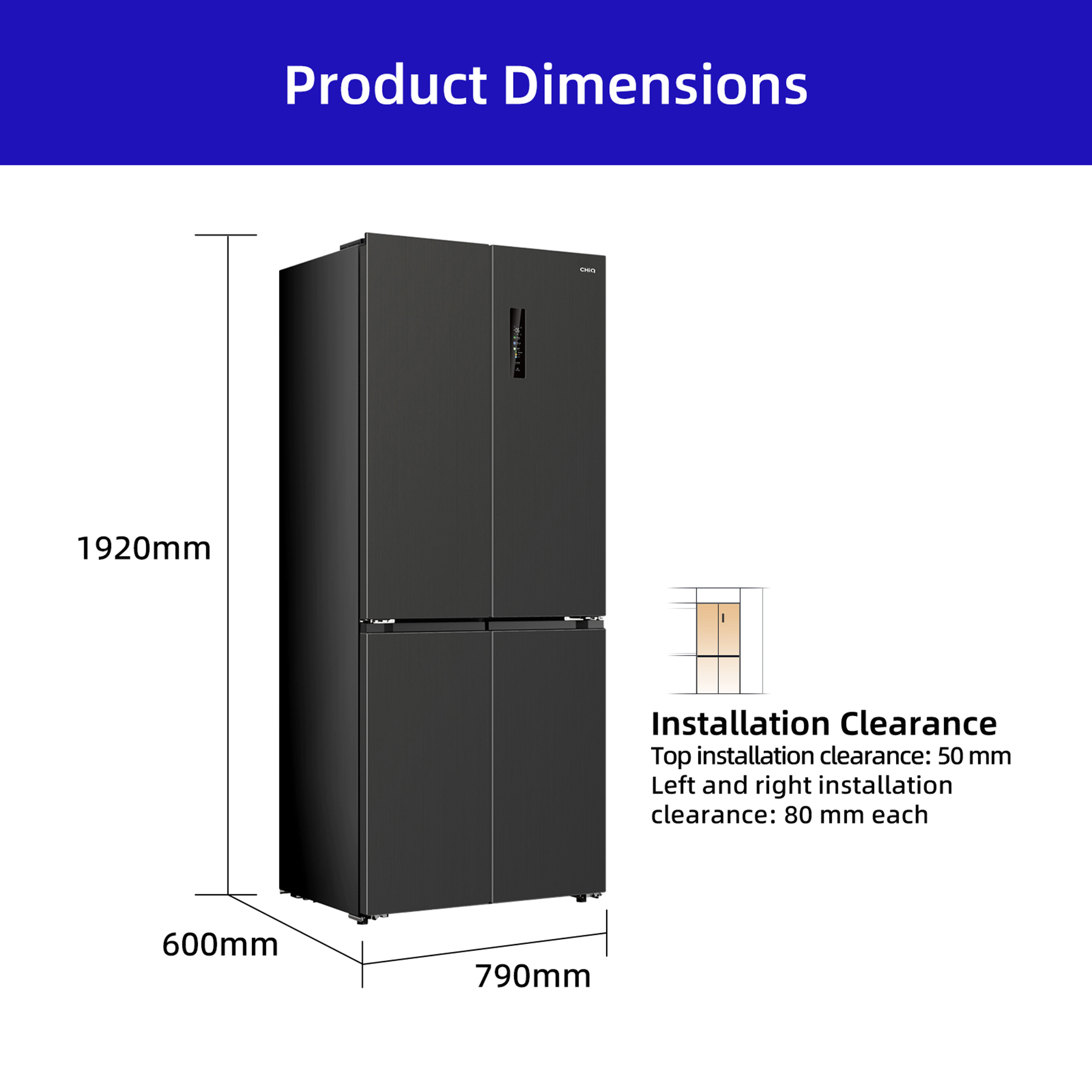 Schwarzer Kühlschrank, H: 1920mm, B: 790mm, T: 600mm. Installationsabstand oben 50mm.