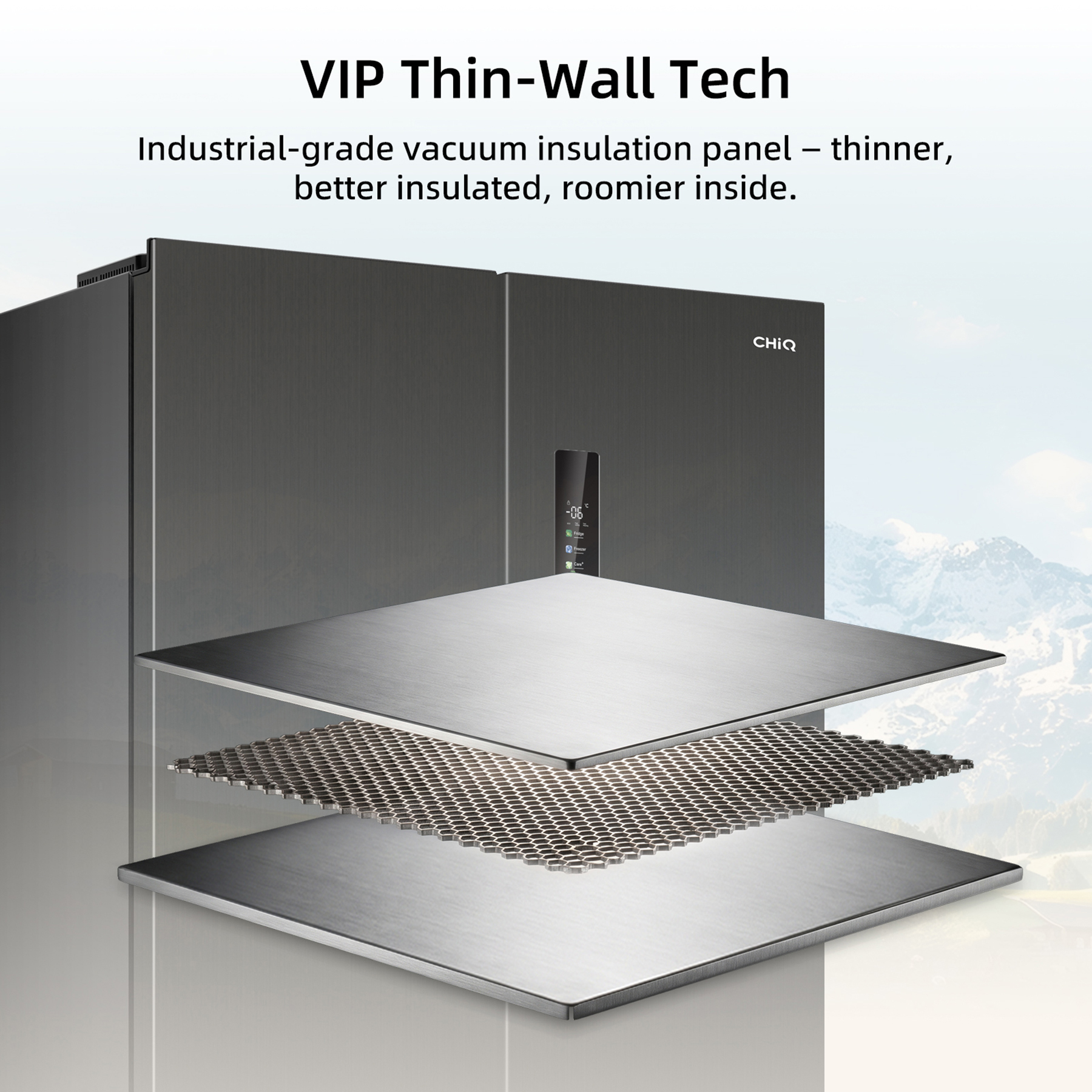 Ein Kühlschrank mit Vakuum-Isolationspaneel-Technologie, Schichten und Berglandschaft.
