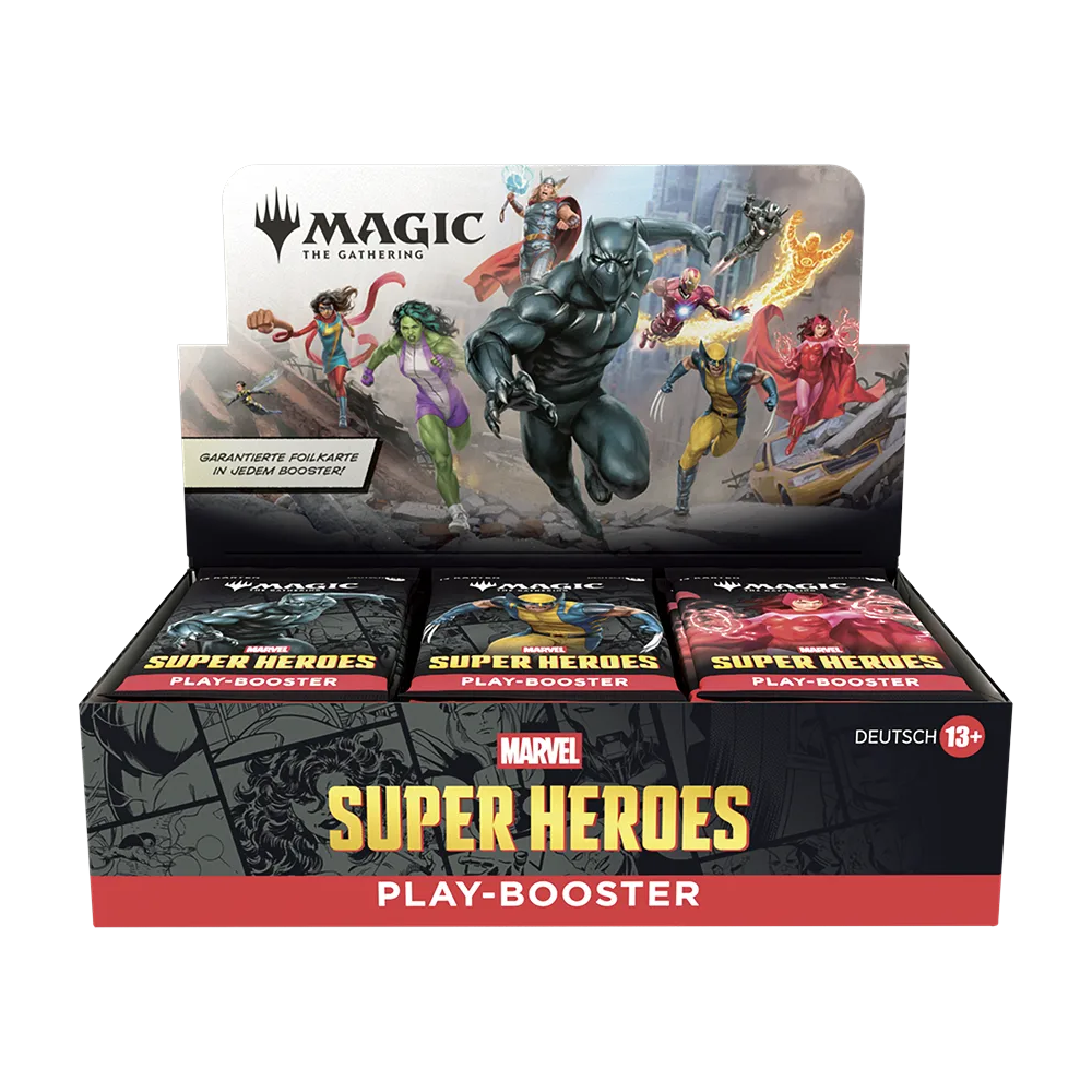 Magic: The Gathering Marvel Super Heroes Play-Booster Box mit Comic-Artworks und Helden.