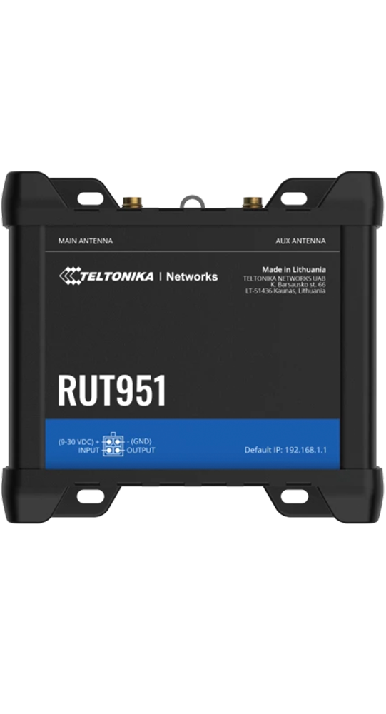 Schwarzer Teltonika RUT951 Router mit Antennenanschlüssen, Strom- und Datenports.
