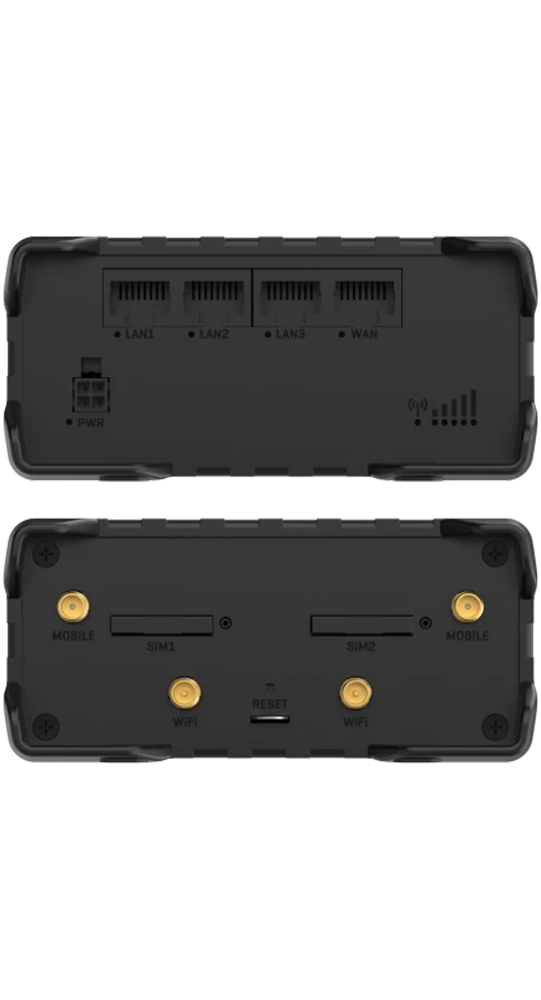 Rückansicht eines schwarzen Routers mit Anschlüssen: LAN1-3, WAN, PWR, SIM1-2, WiFi, Reset.
