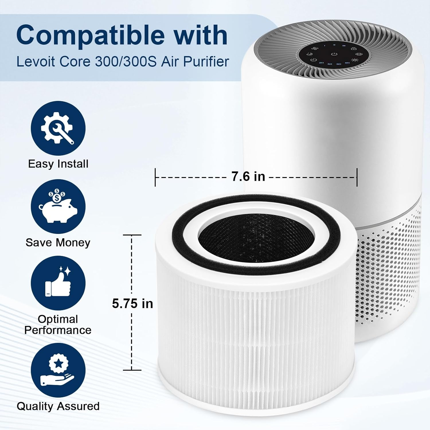 Ein weißer Luftfilter (5,75 Zoll) neben einem weißen Luftreiniger (7,6 Zoll).