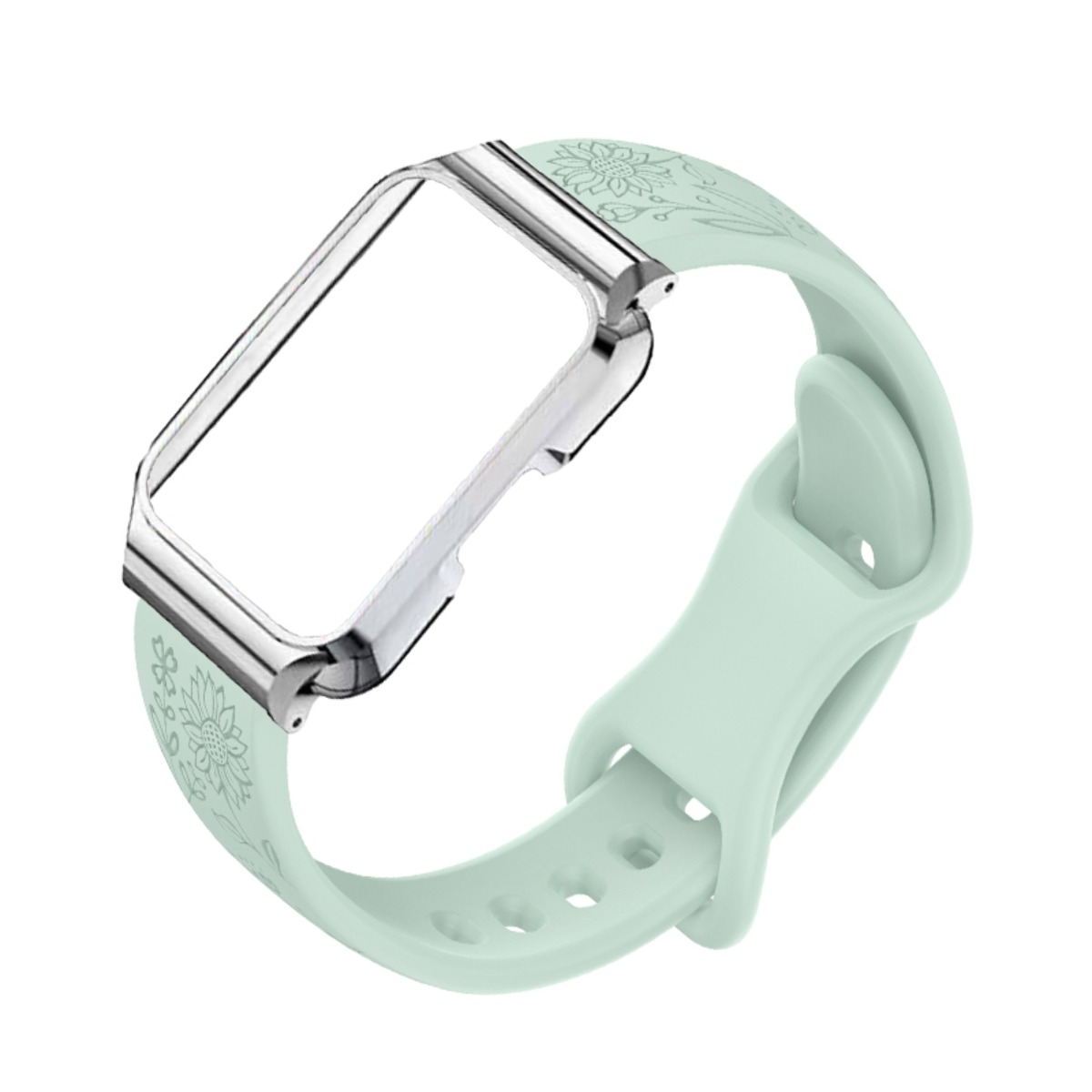 Ein hellgrünes Armband mit Blumenmuster und einem silbernen Rahmen.