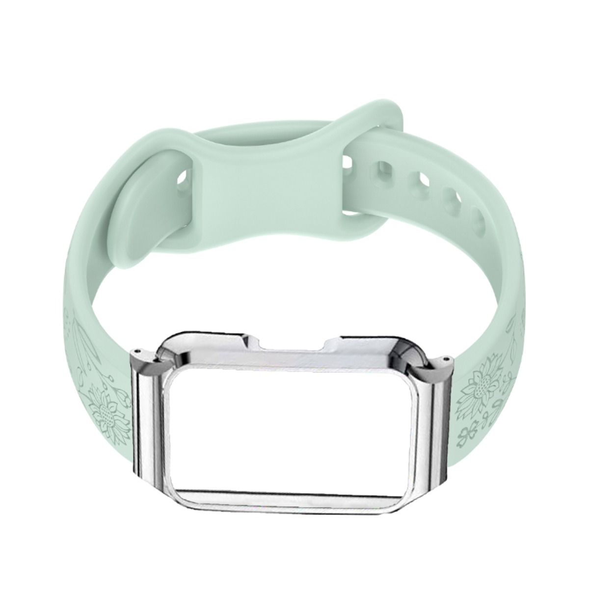 Ein hellgrünes Armband mit Blumenmuster und einem silbernen Rahmen auf weißem Hintergrund.