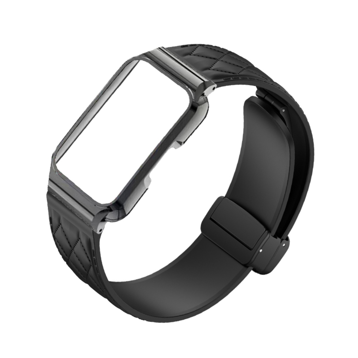 Ein schwarzes Smartwatch-Armband mit silbernem Rahmen und einem gesteppten Muster.