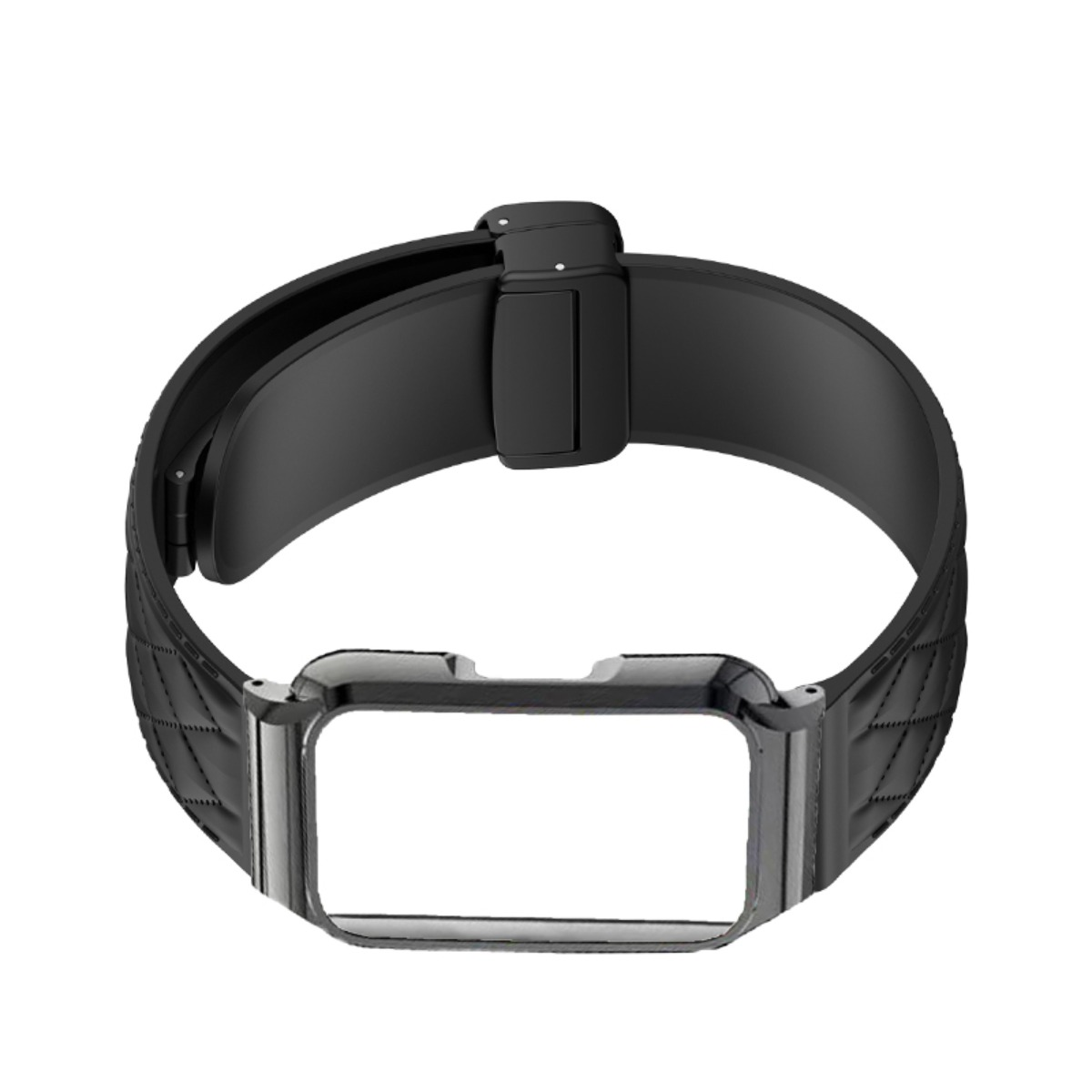 Schwarzes Armband mit Metallrahmen für ein rechteckiges Gerät, auf weißem Grund.
