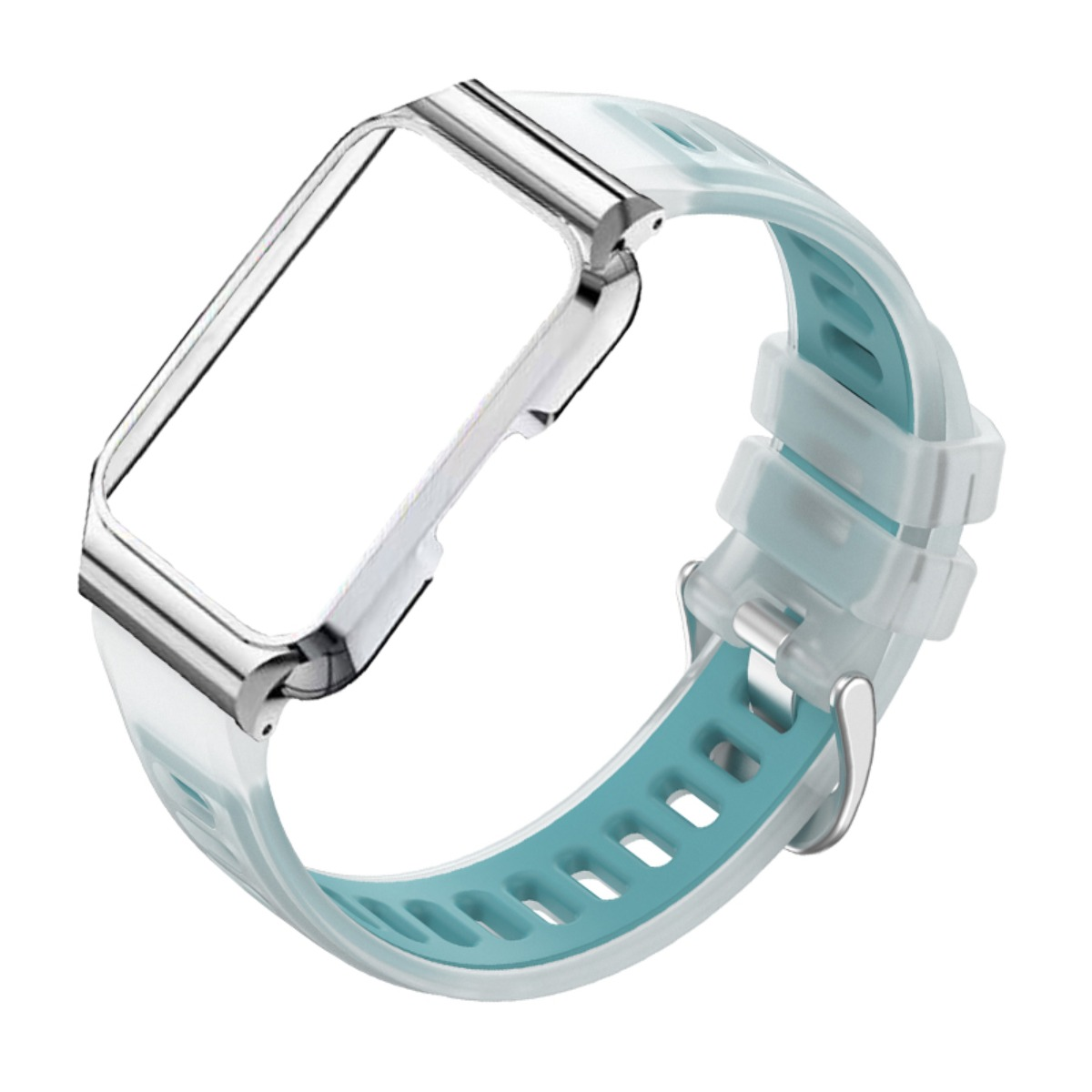 Ein silberner Rahmen mit einem hellblauen und durchsichtigen Armband für ein Smartwatch-Gerät.