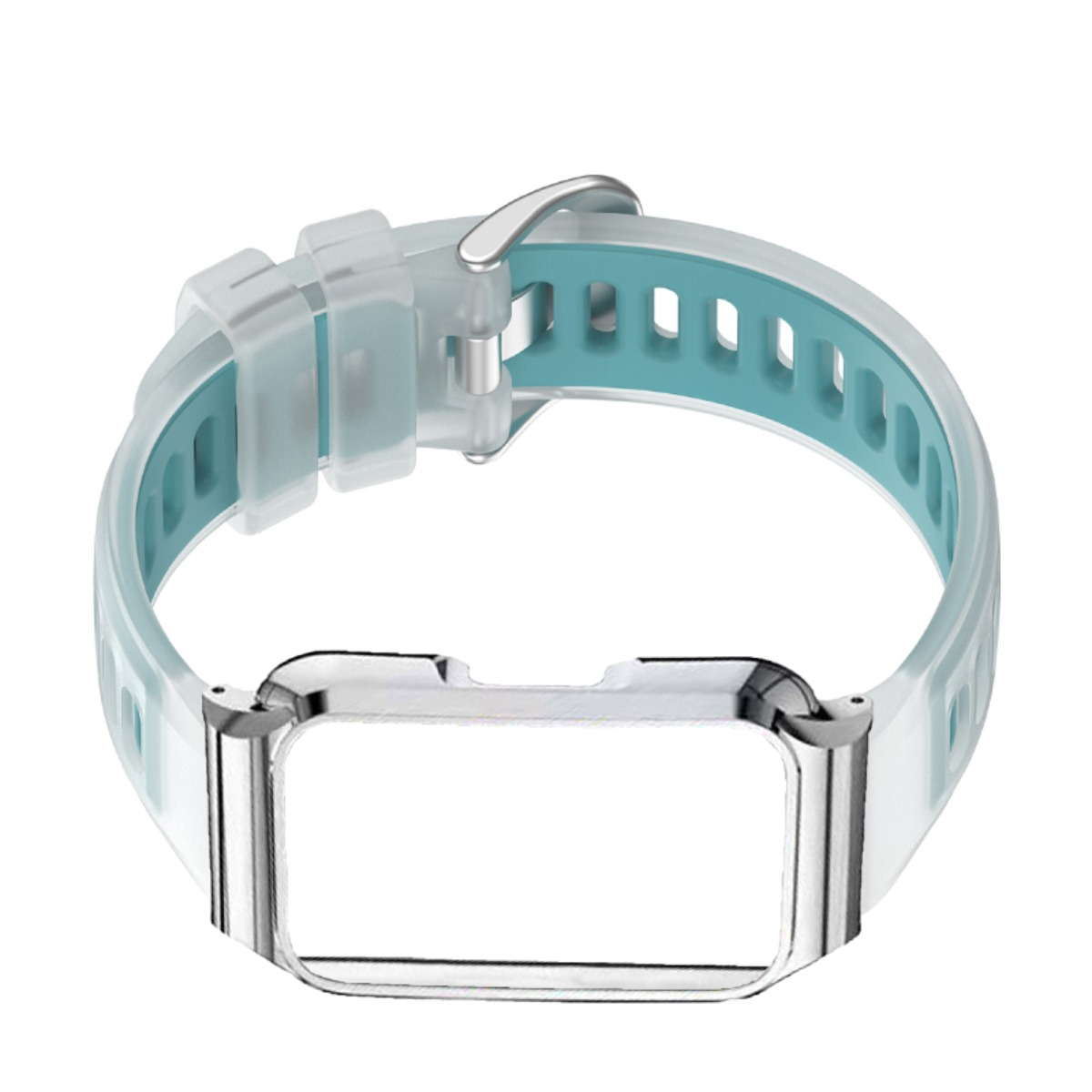 Ein hellblauer und türkisfarbener Armbandrahmen mit Metallschnalle, isoliert auf Weiß.