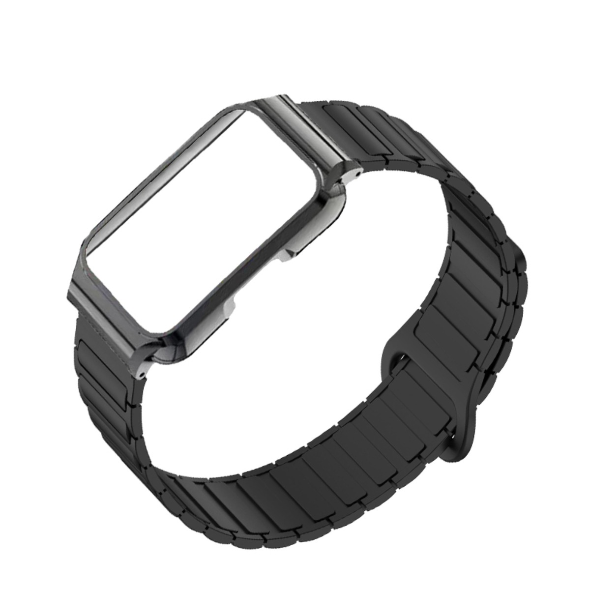 Ein schwarzes Metallarmband mit einem eckigen, leeren Uhrengehäuse.