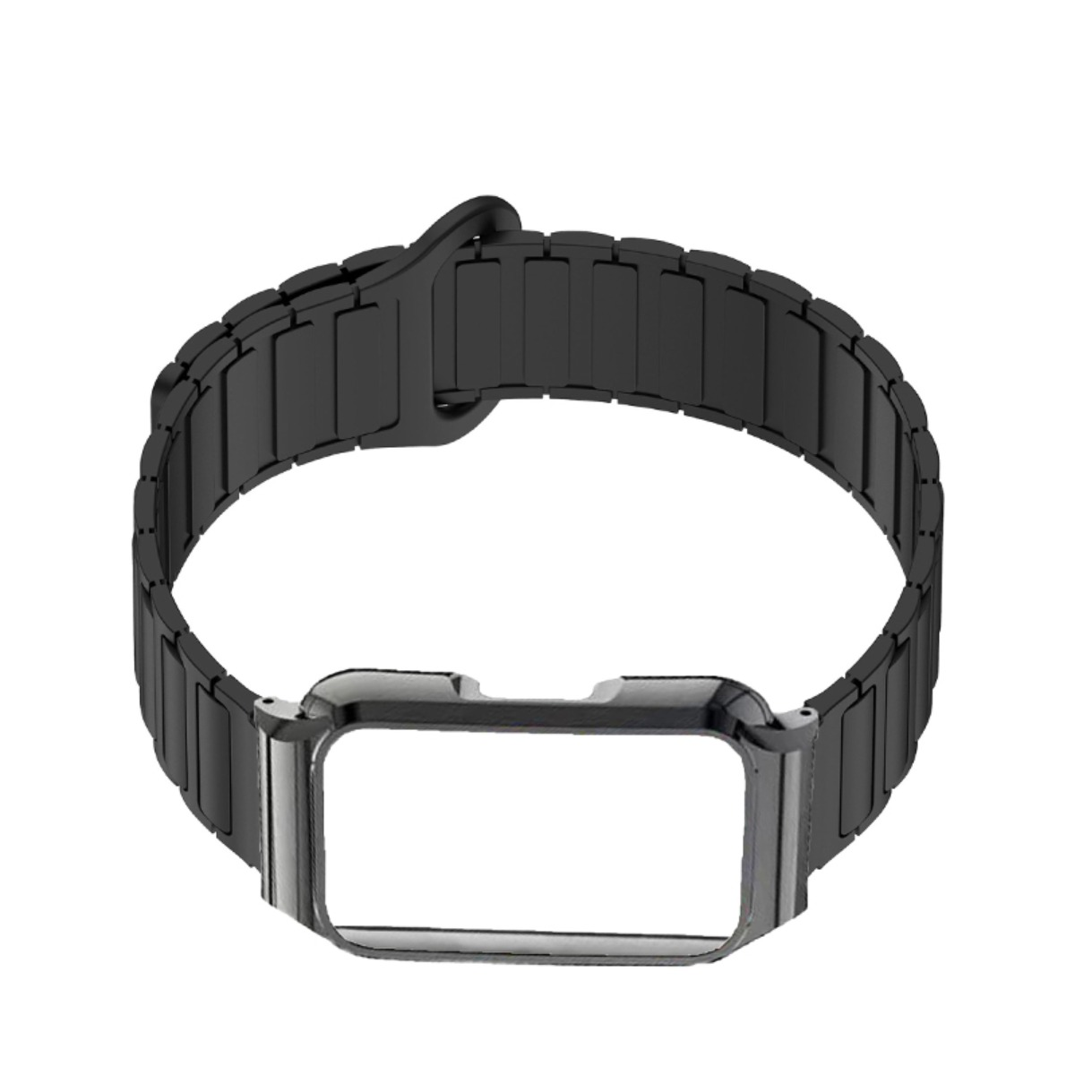 Ein schwarzes Armband für eine Smartwatch, auf weißem Hintergrund.