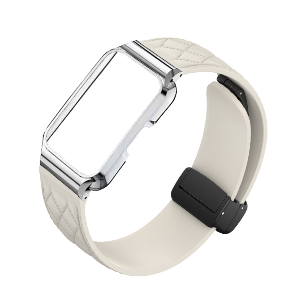 Ein cremefarbener, gesteppter Uhrenarmband mit silbernem Rahmen und schwarzem Verschluss.