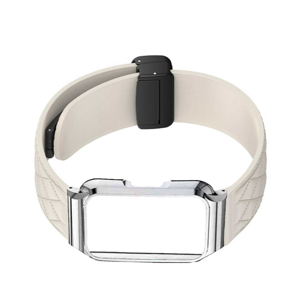 Eine weiße Smartwatch-Schlaufe mit schwarzem Verschluss und Metallrahmen.