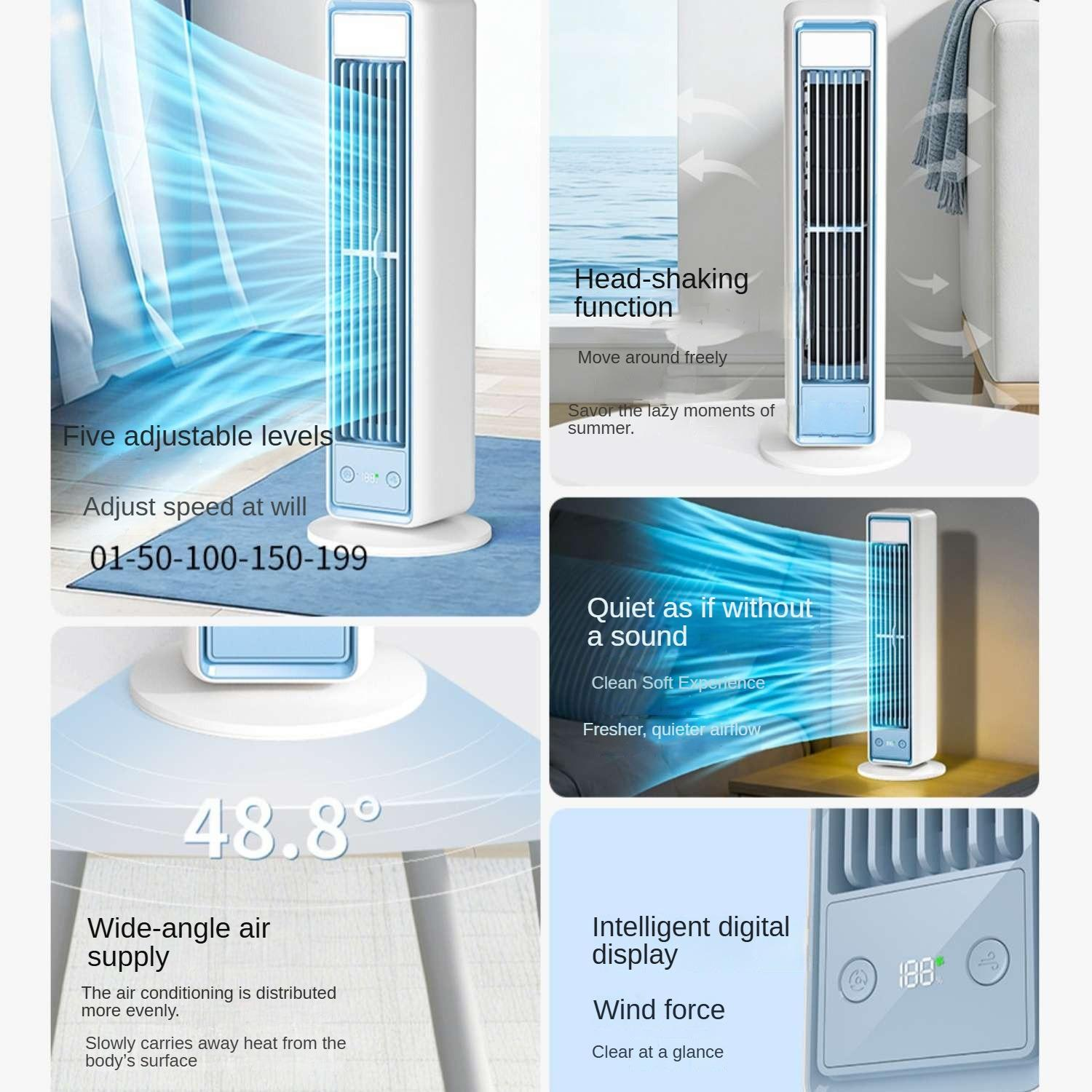 Ein weißer Turmventilator mit blauen Akzenten zeigt seine Funktionen: einstellbare Geschwindigkeiten, Weitwinkel, leiser Betrieb, Digitalanzeige.