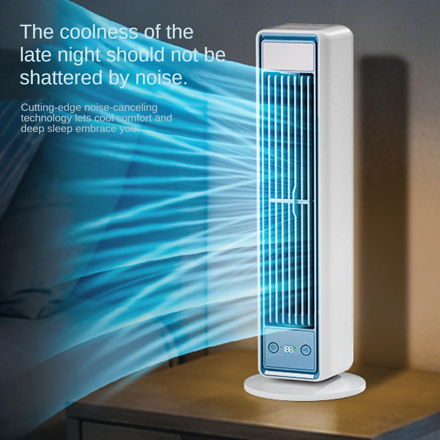 Ein weißer Turmventilator mit blauer Luftbewegung auf einem Nachttisch.