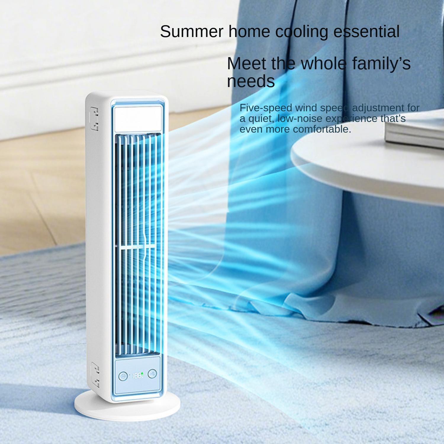 Ein weißer Turmventilator mit blauen Luftstromlinien auf einem Teppich.
