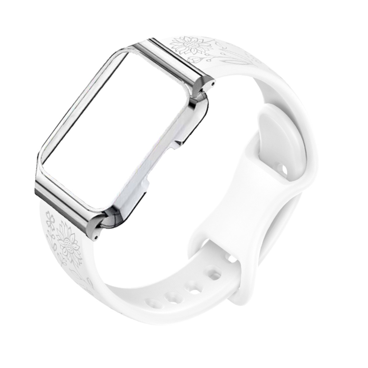 Weiße Smartwatch-Schlaufe mit Blumendekor und silbernem Rahmen.