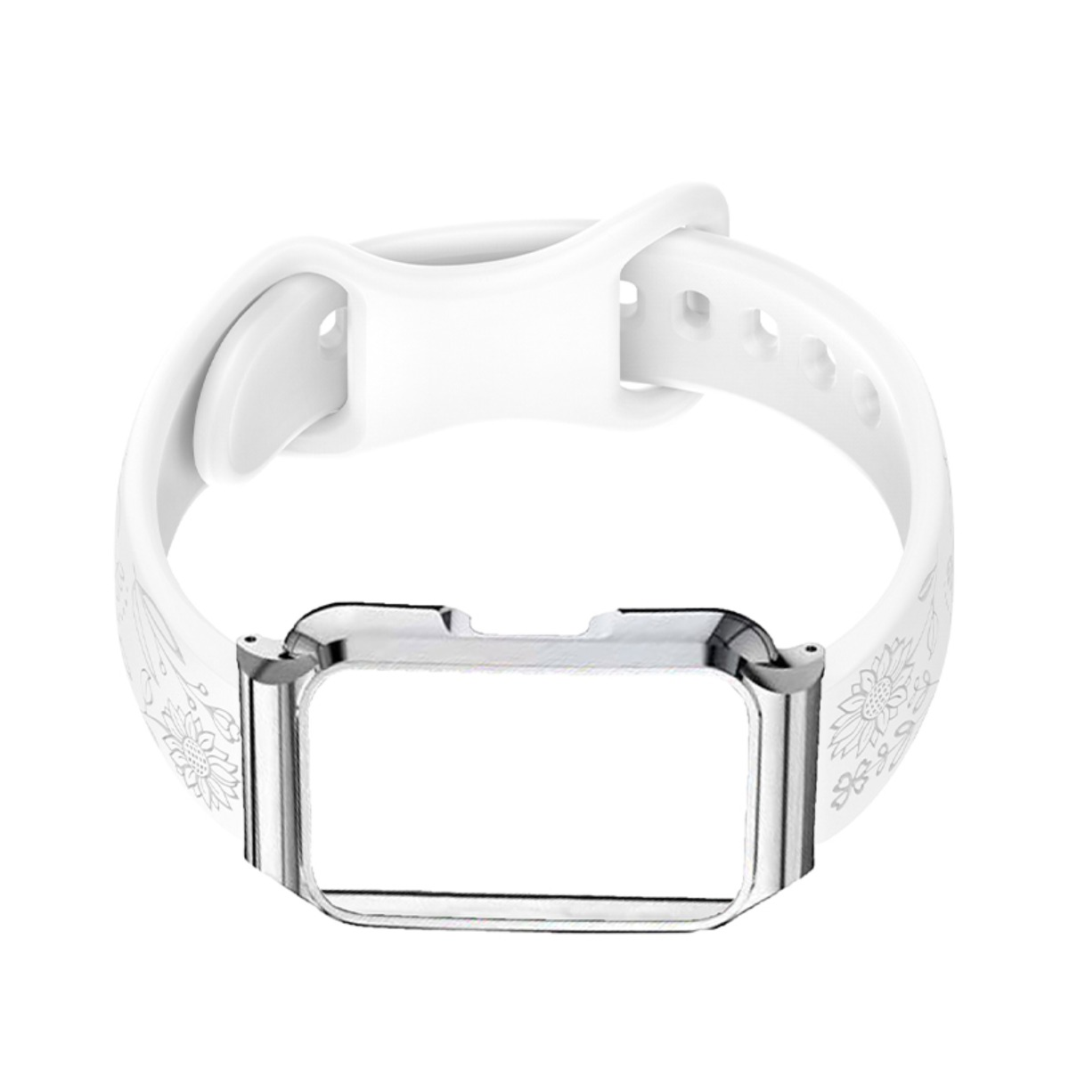 Weißes Uhrenarmband mit floraler Gravur und silbernem Rahmen auf Weiß.