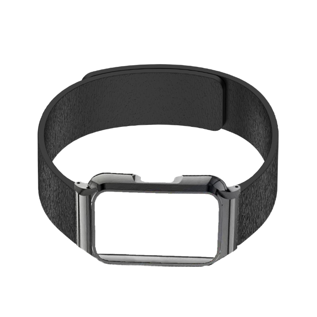 Ein schwarzes, strukturiertes Uhrenarmband mit einem silbernen Rahmen für ein rechteckiges Display.
