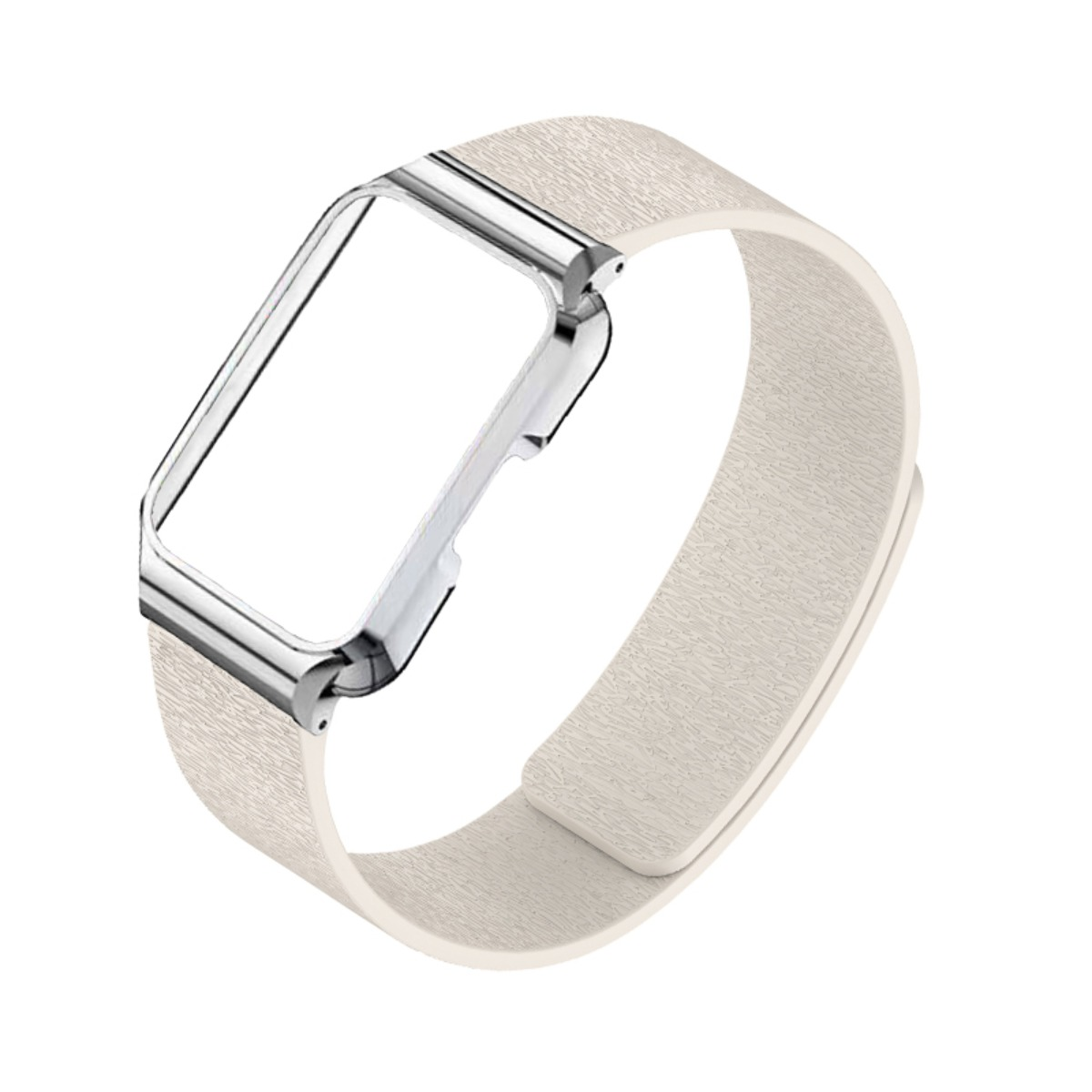 Ein silberner Rahmen mit einem hellbeigen Armband mit Textur.