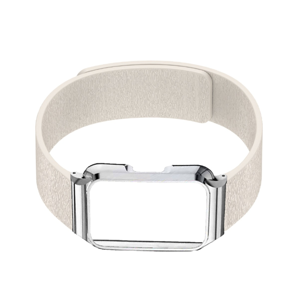 Ein beigefarbenes Armband mit einer strukturierten Oberfläche und einem silbernen Rahmen.