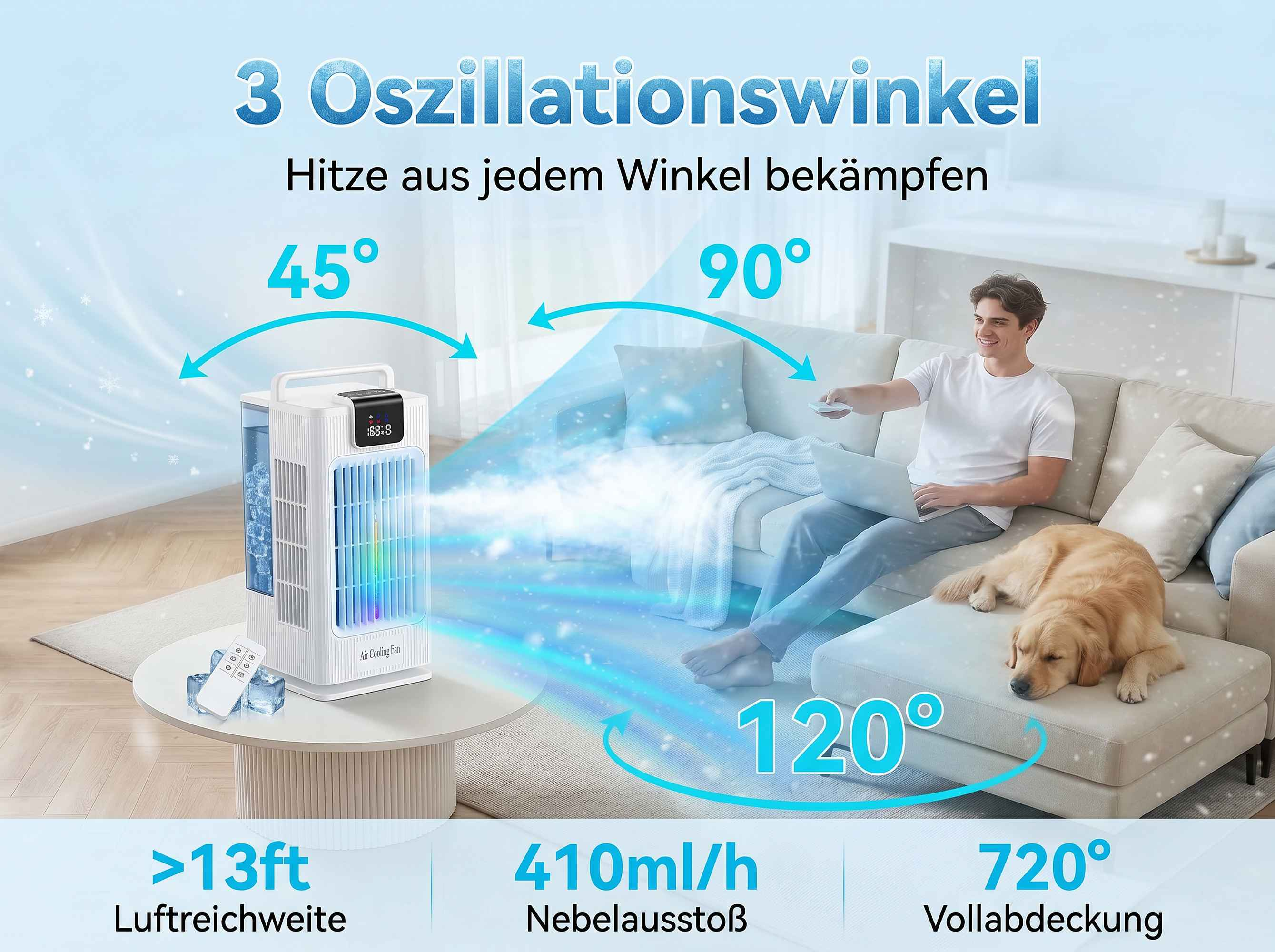 Ein Mann und ein Hund entspannen sich, während ein Kühlventilator bläst.