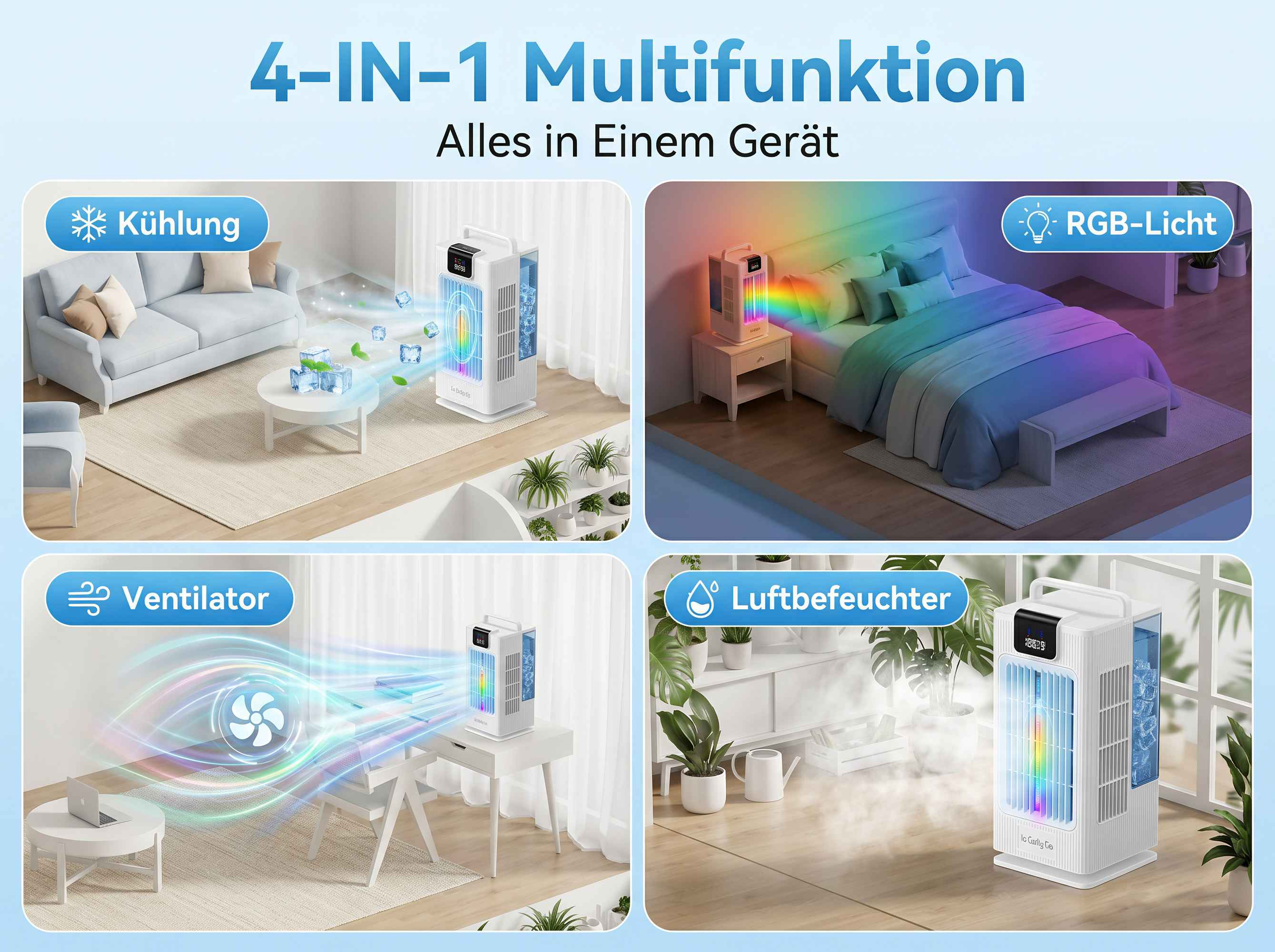 Vier-in-eins-Gerät mit Kühlung, RGB-Licht, Ventilator und Luftbefeuchter.