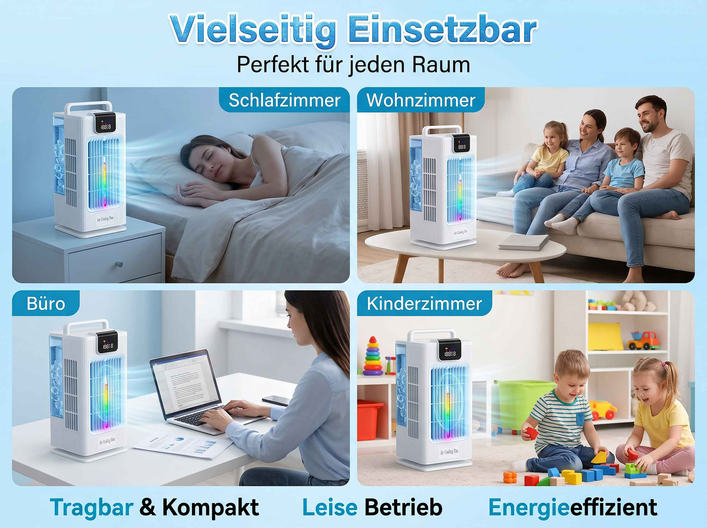 Ein tragbarer Luftkühler mit Regenbogenlicht wird in verschiedenen Räumen gezeigt.