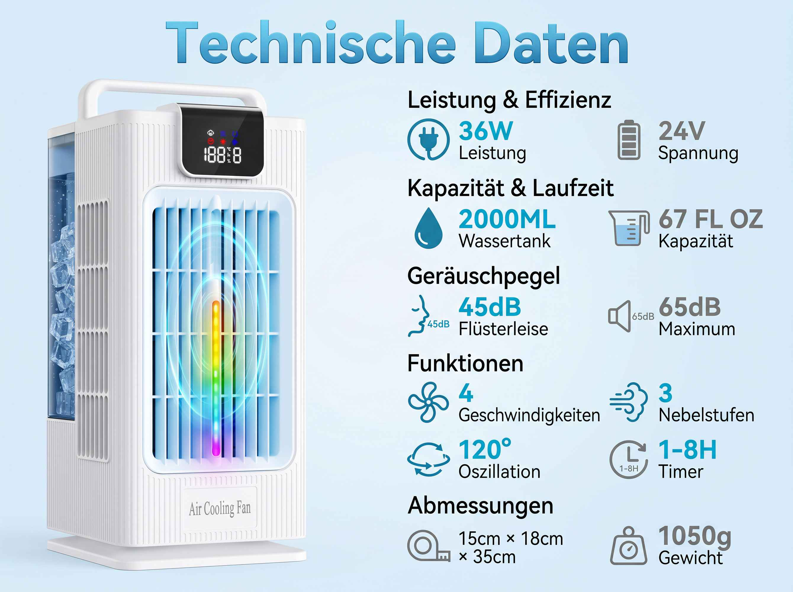 Weier Luftkõhler mit Eisbehälter und technischer Spezifikationen.