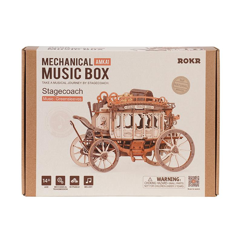 ROKR Mekanik Müzik Kutusu, Stagecoach modeli, ahşap, uyarı etiketli.