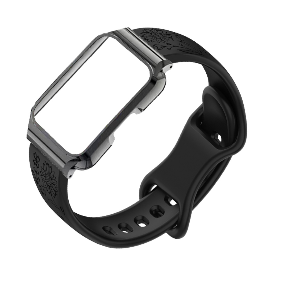 Schwarzes Armband mit Blumenmuster und silbernem Rahmen.