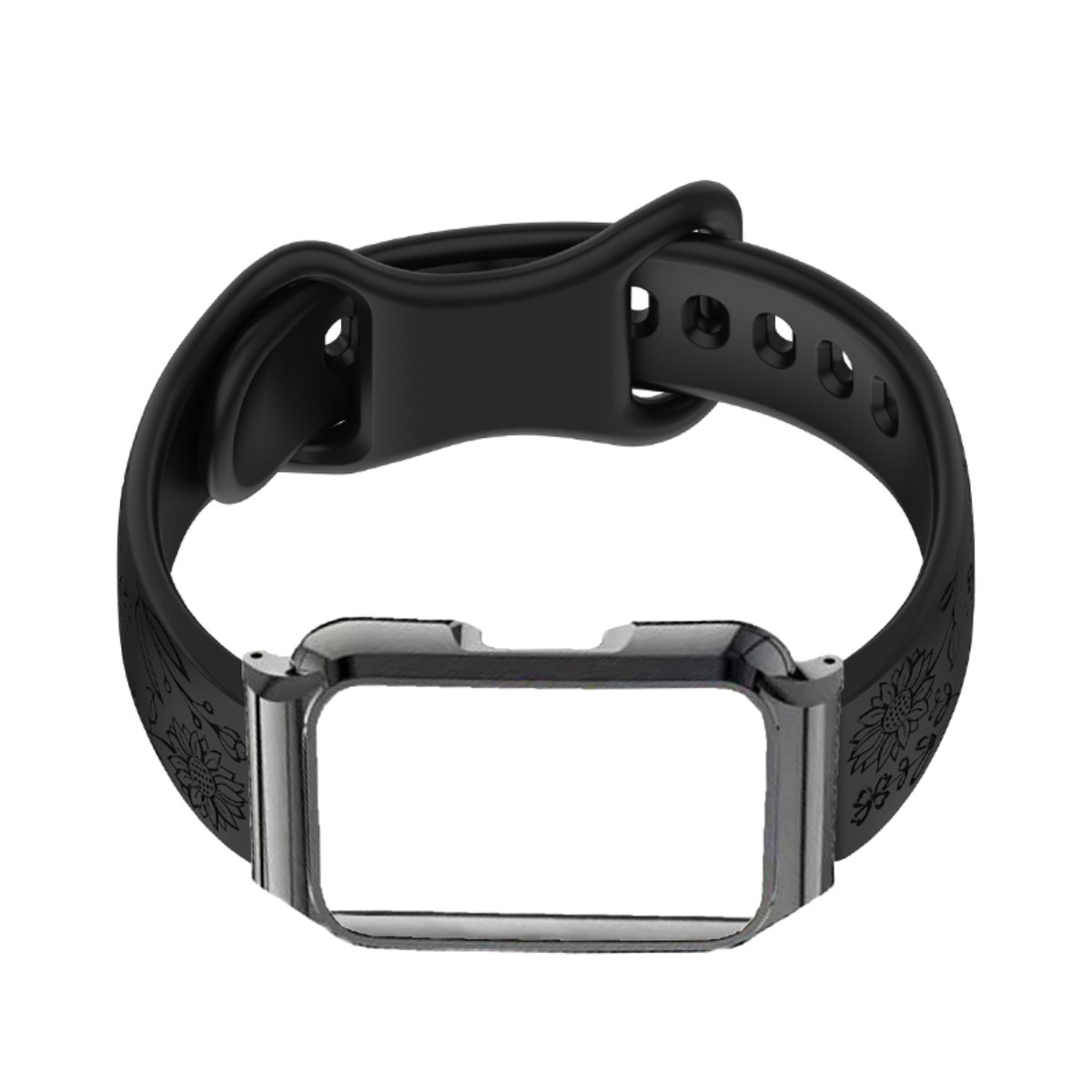 Schwarzes Armband mit Blumenmuster und Metallrahmen für eine Smartwatch.