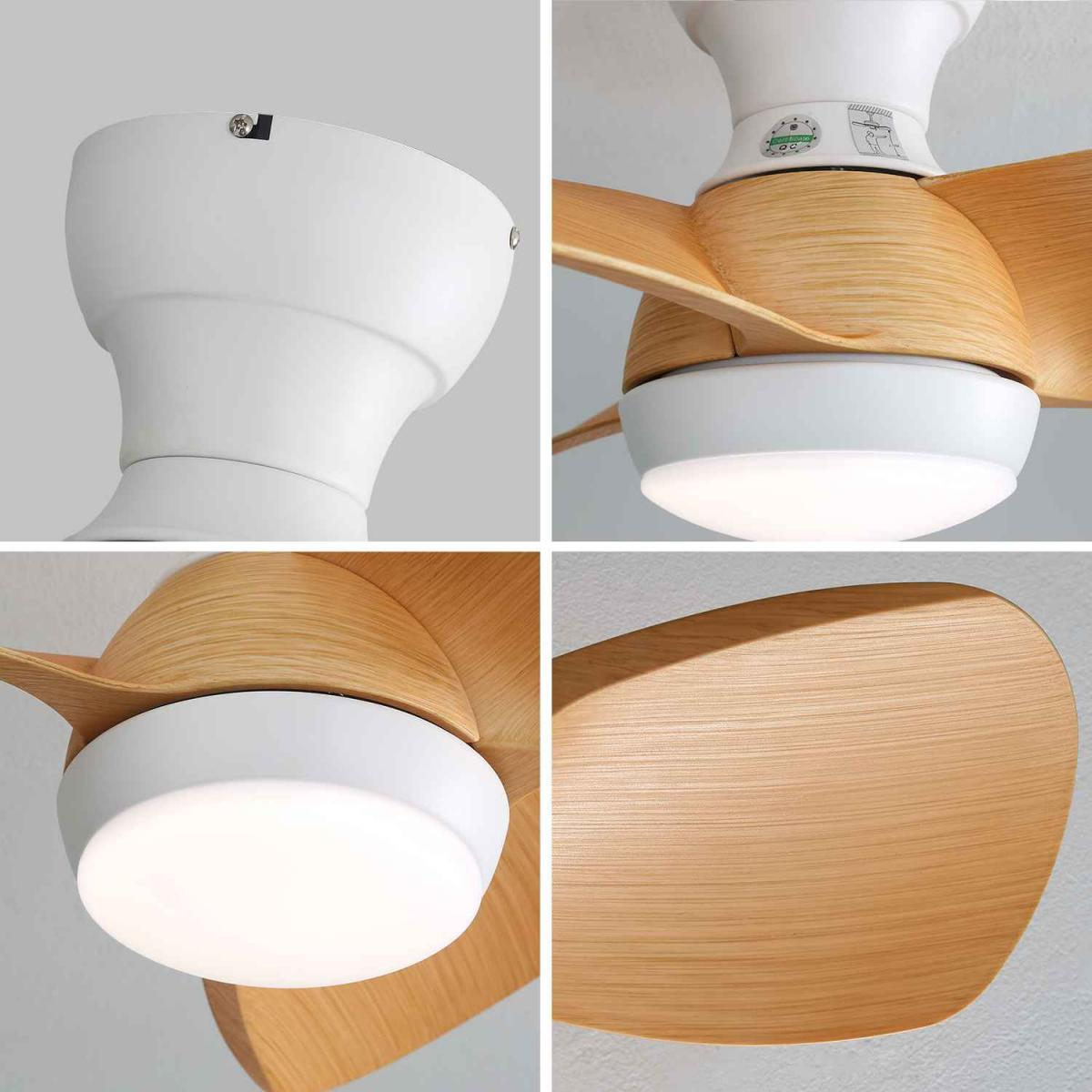 Deckenventilator mit Holzflügeln und integrierter Lampe.