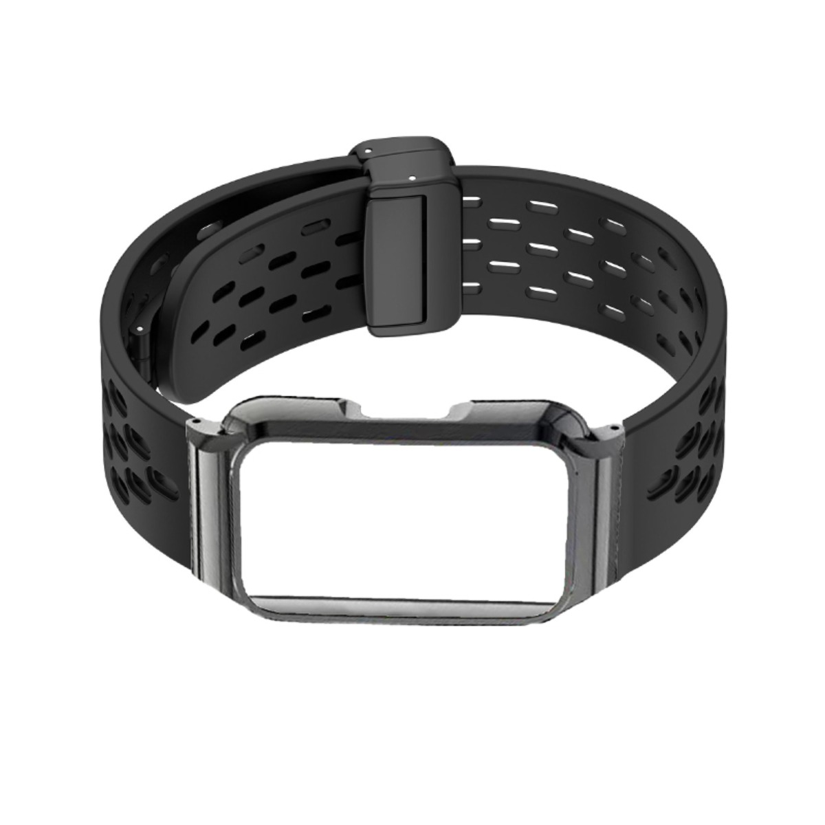 Schwarzes Uhrenarmband mit silbernem Rahmen und Lüftungsschlitzen.