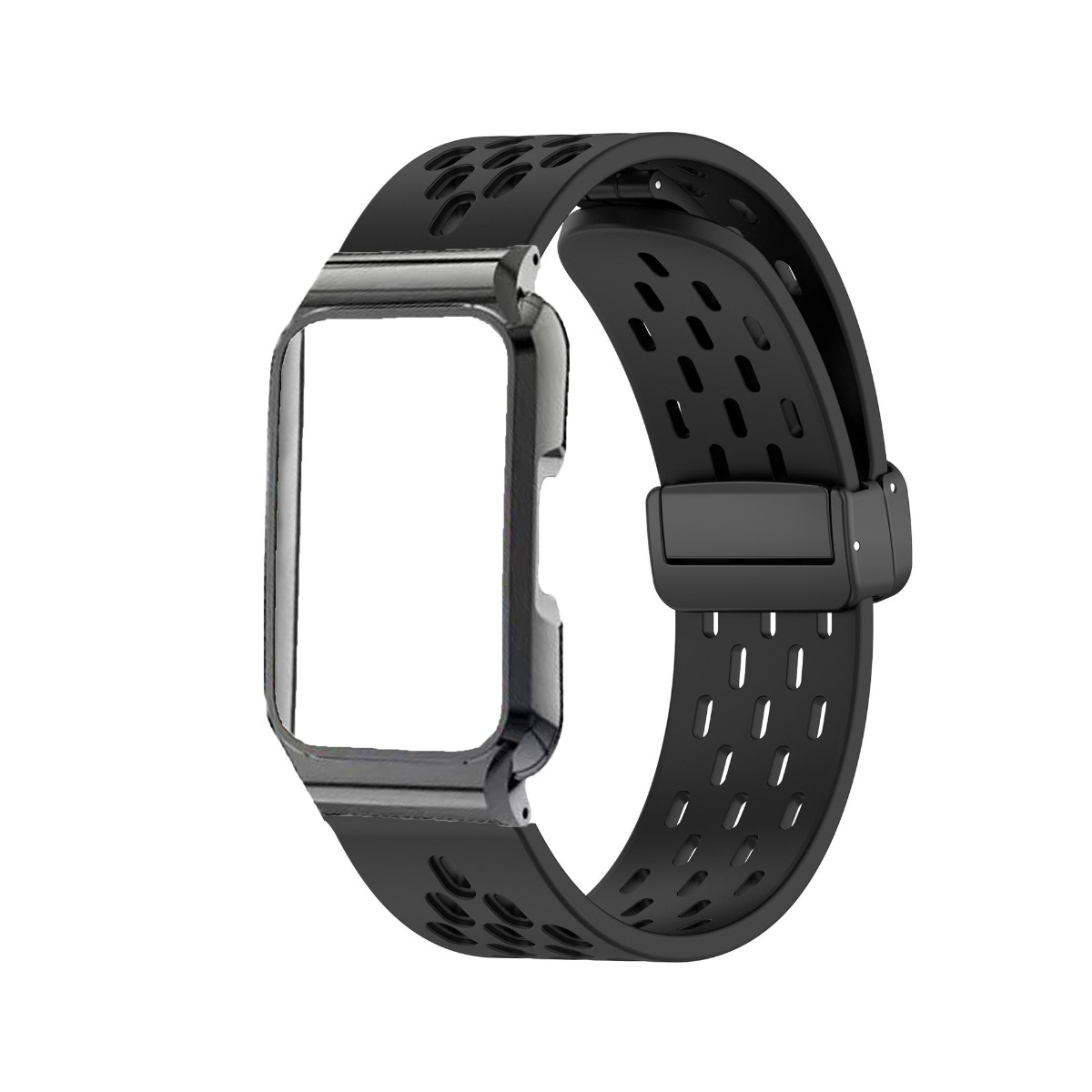 Schwarzes Uhrenarmband mit Lünette und Belüftungslöchern.