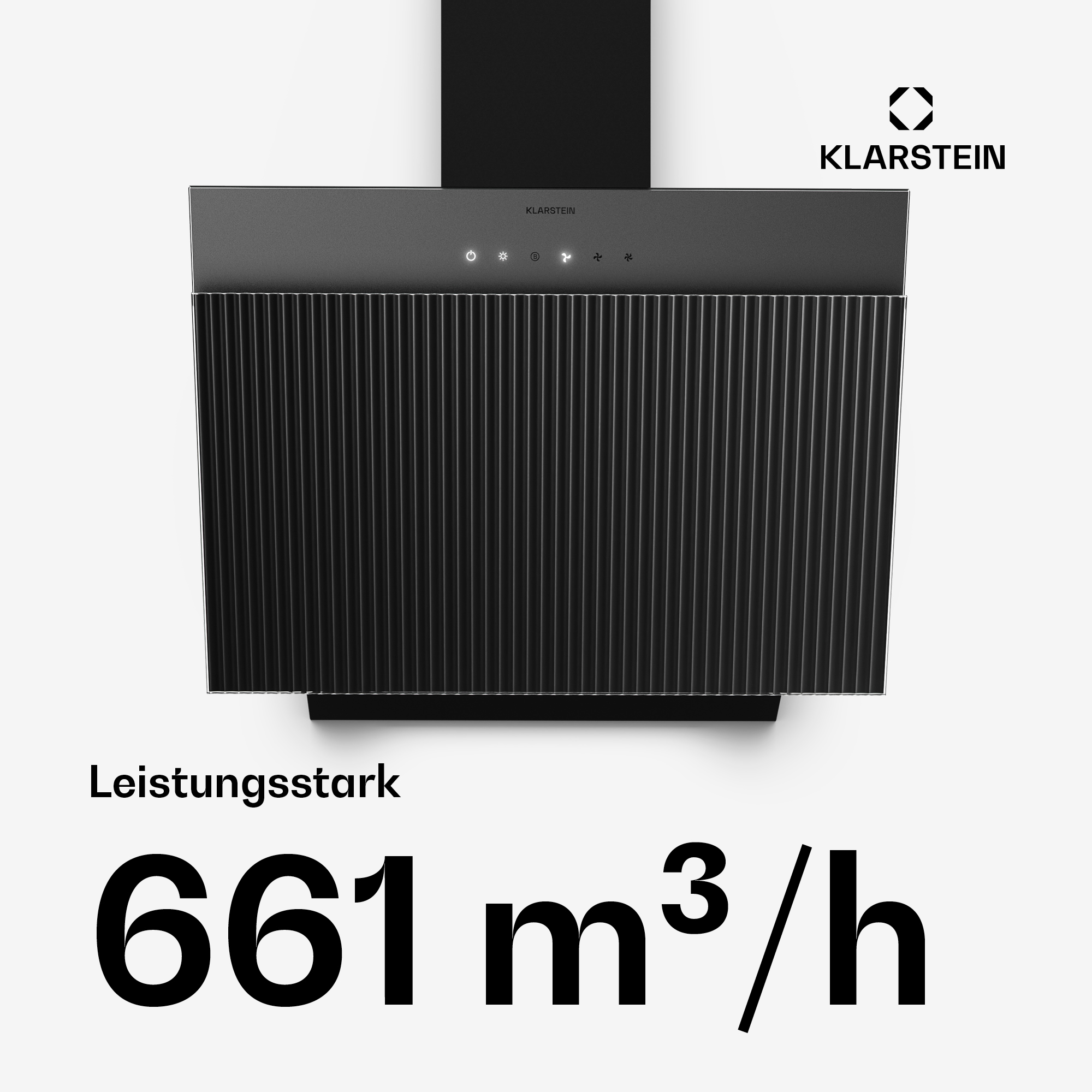 Schwarzer Dunstabzugshaube mit geriffeltem Design und Leistungsangabe 661 m³/h.