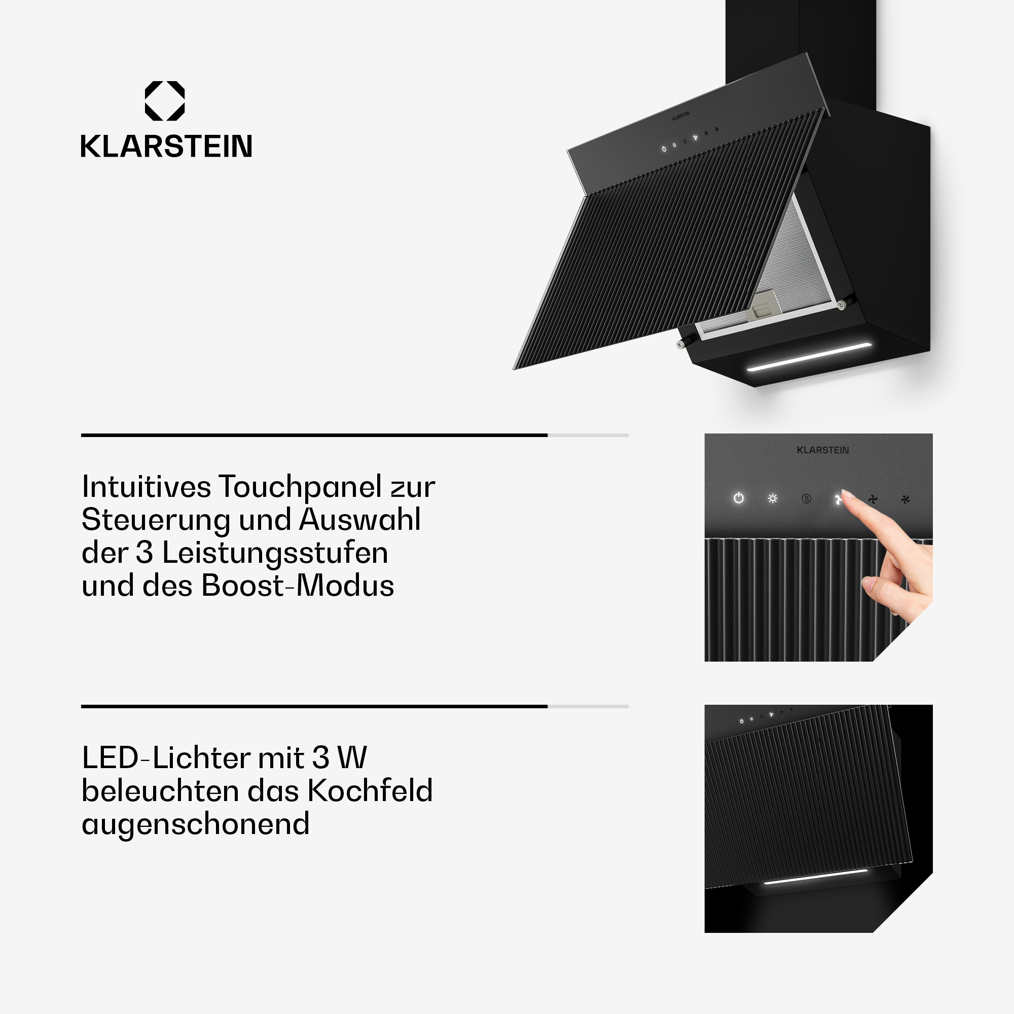 Schwarze Dunstabzugshaube mit Touchpanel und LED-Beleuchtung.