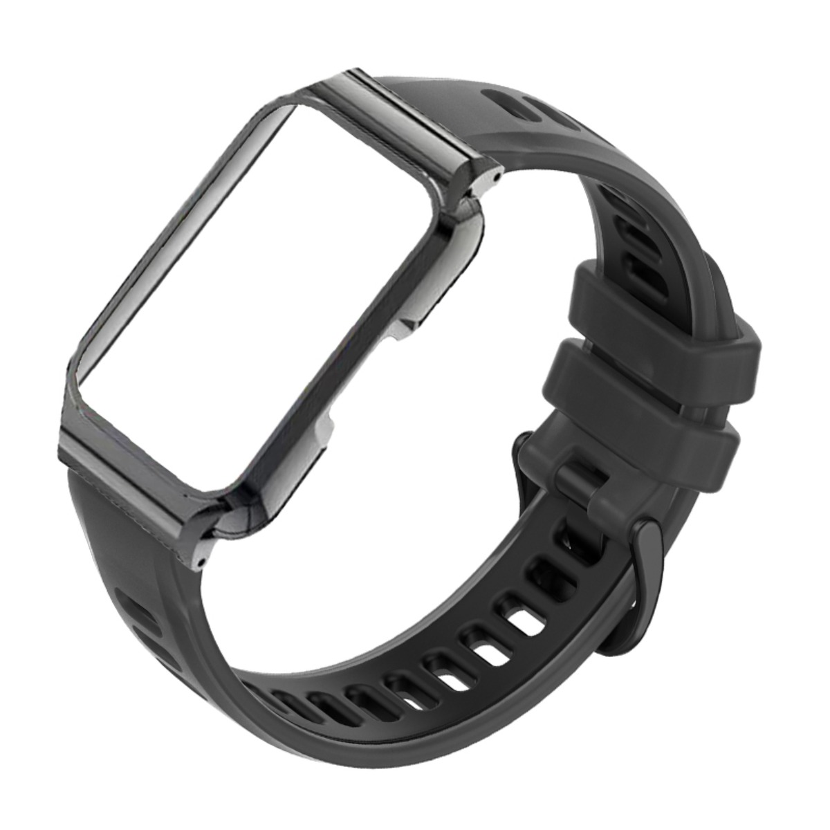 Ein schwarzes Uhrenarmband mit einem rechteckigen Metallrahmen.