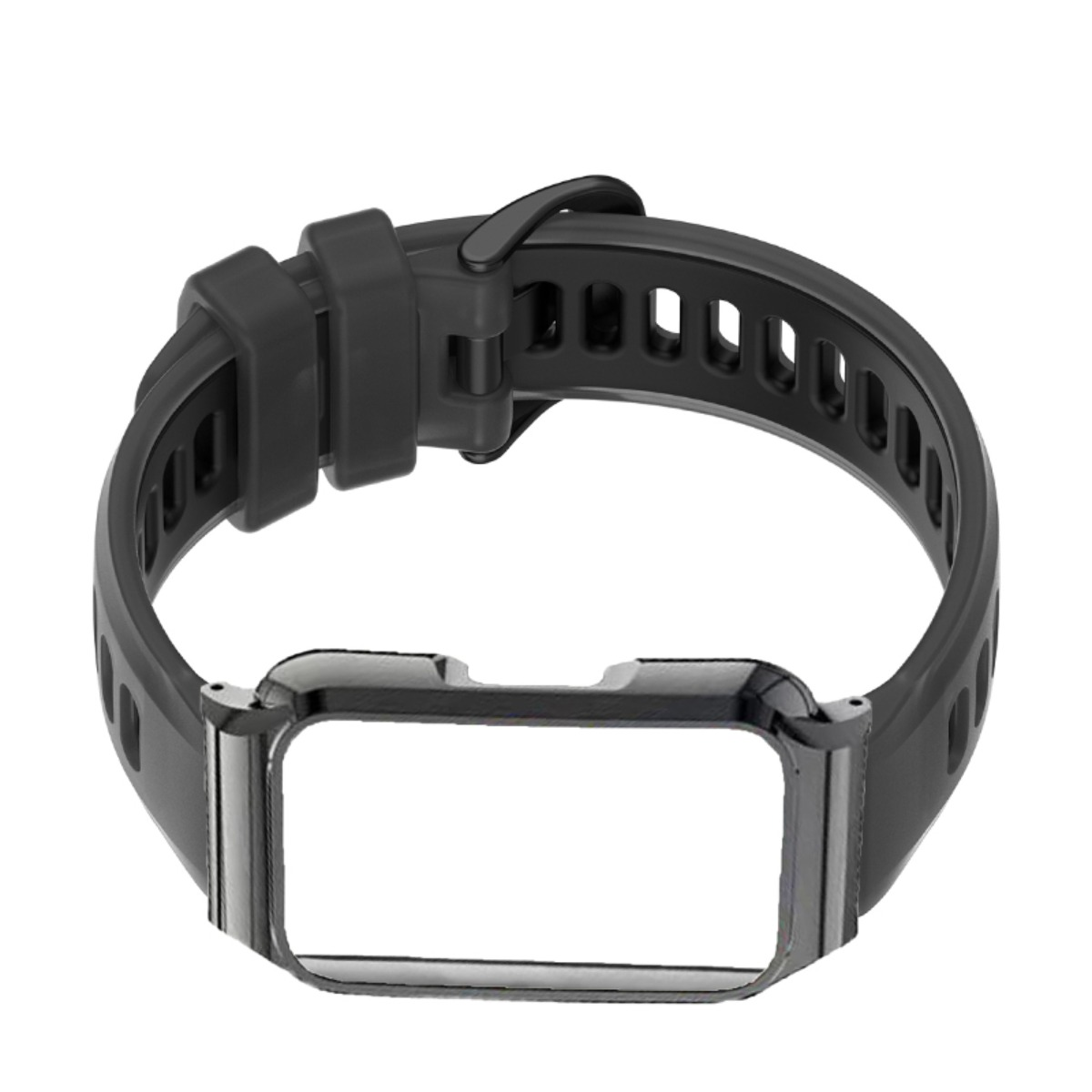 Schwarzes Uhrenarmband mit silbernem Rahmen, vor weißem Hintergrund.