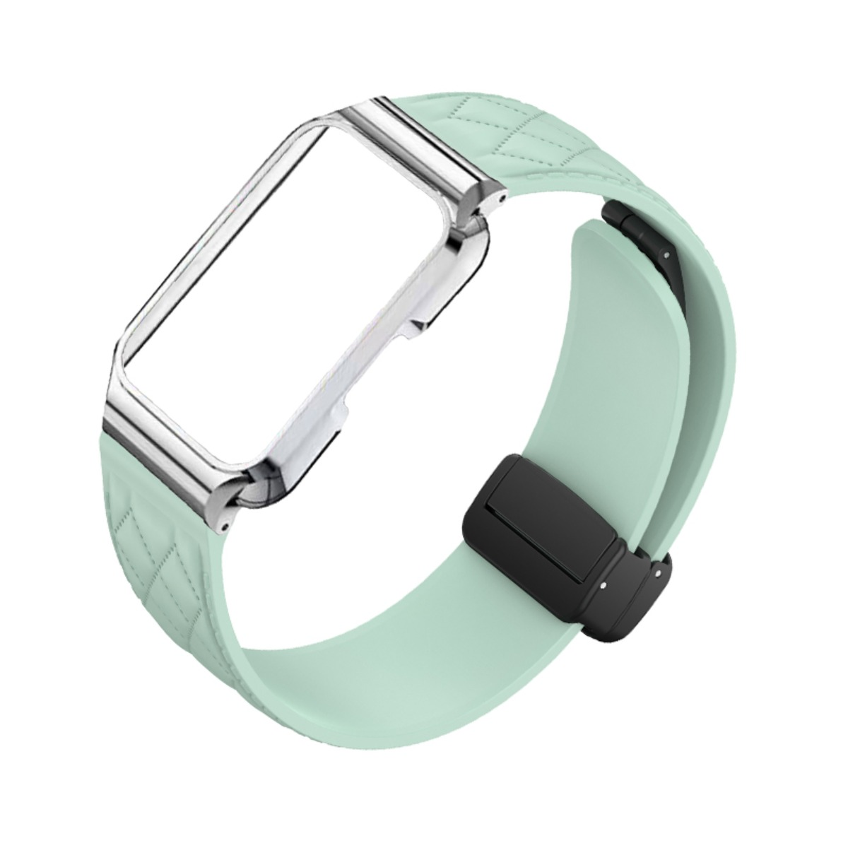 Hellgrünes Uhrenarmband mit Rautenmuster und silbernem Rahmen.