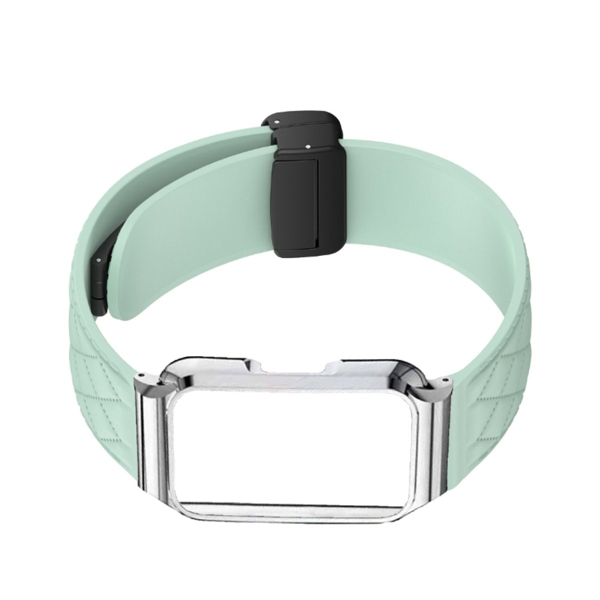 Hellgrünes, gestepptes Uhrenarmband mit schwarzem Verschluss und silbernem Rahmen.