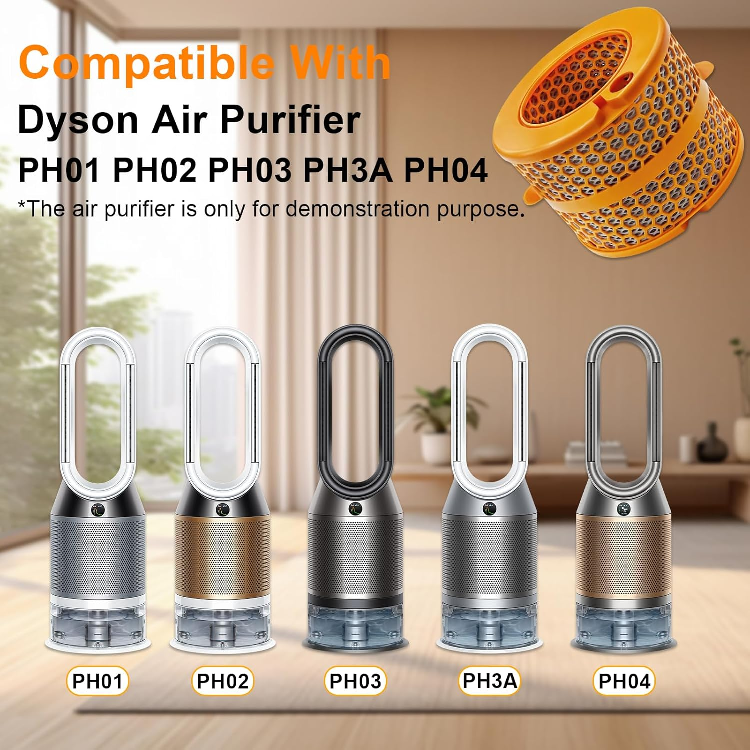 Fünf Dyson Luftreiniger in verschiedenen Farben mit einem Filter oben.