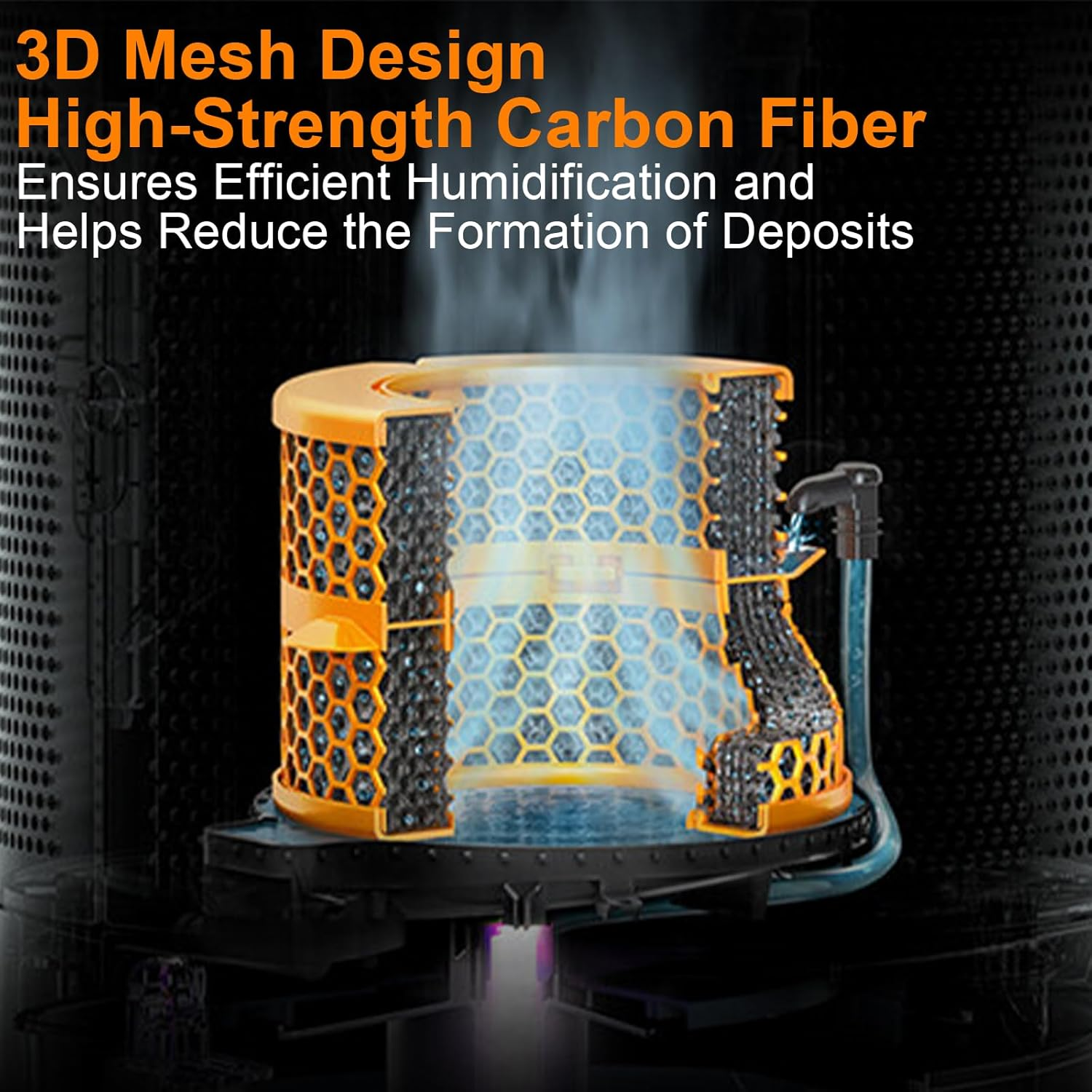 3D-Mesh-Design aus hochfestem Carbon für effiziente Befeuchtung und weniger Ablagerungen.