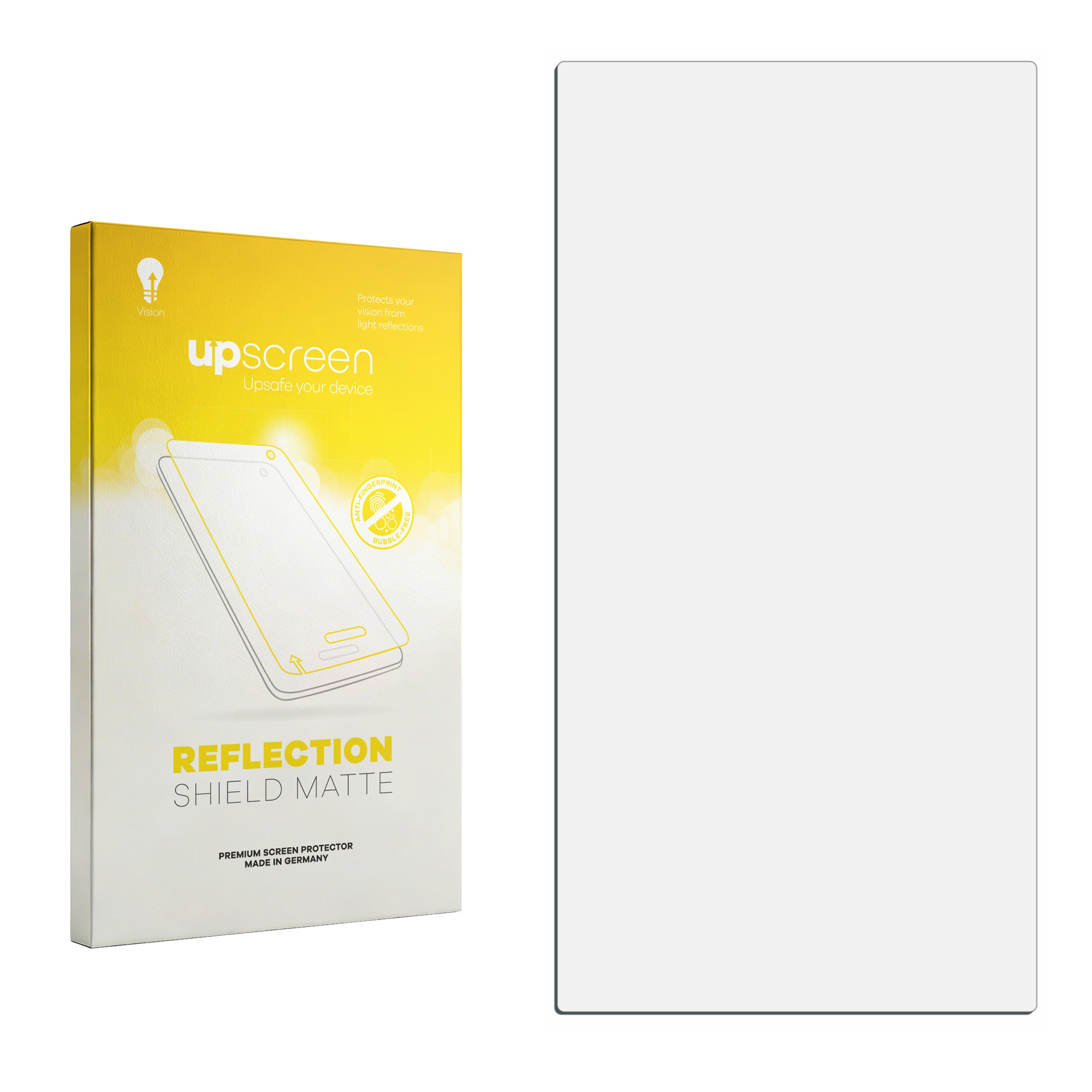 Gelbe Box mit 'upscreen'-Logo, zeigt eine Handy-Displayschutzfolie. Daneben eine klare Displayschutzfolie.
