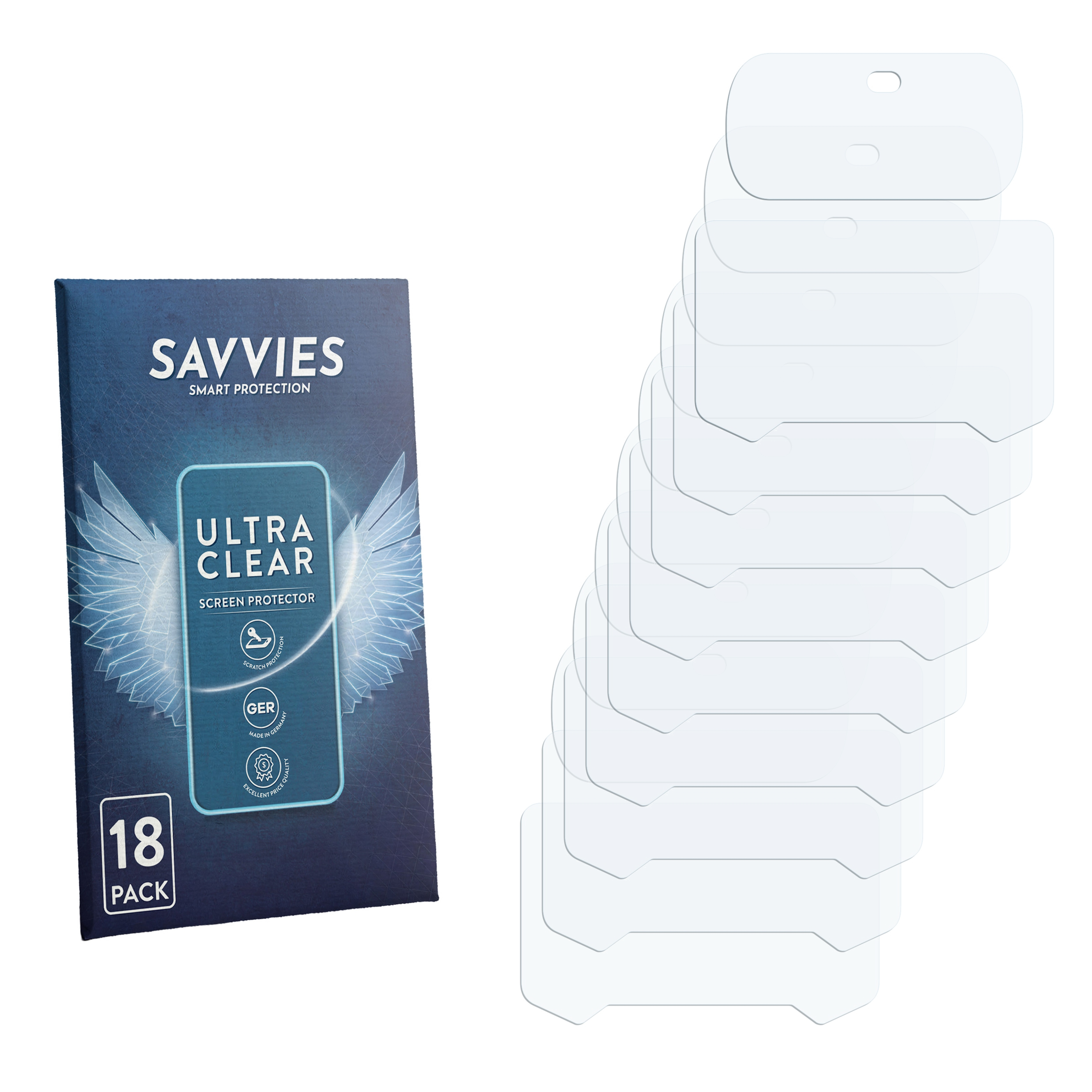 Verpackung mit 18 Displayschutzfolien, Savvies Ultra Clear, Made in Germany.