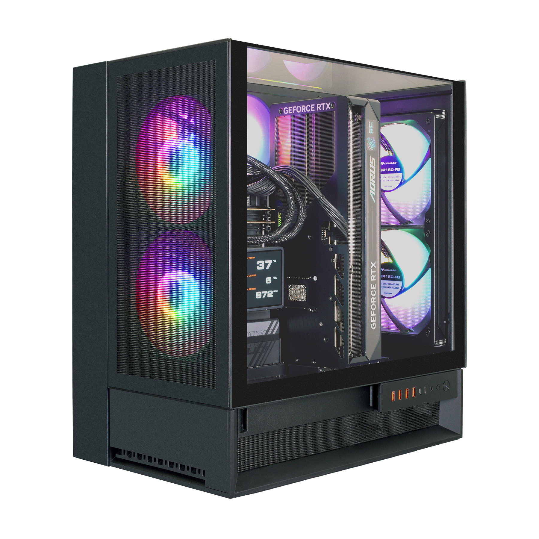 Ein schwarzes PC-Gehäuse mit Glasfront, RGB-Lüftern und einer Grafikkarte.