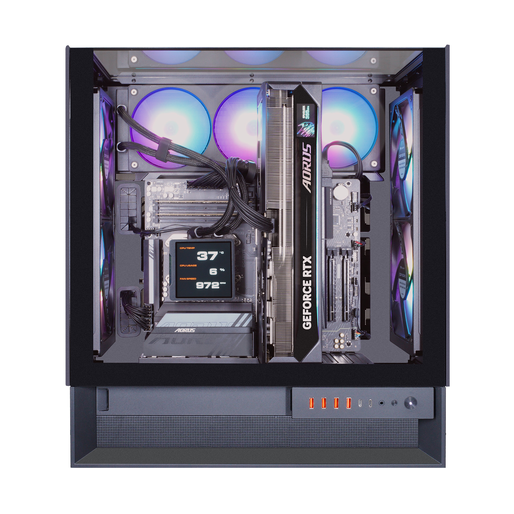 Ein geöffneter Gaming-PC mit RGB-Lüftern, einer Grafikkarte und einem Bildschirm.